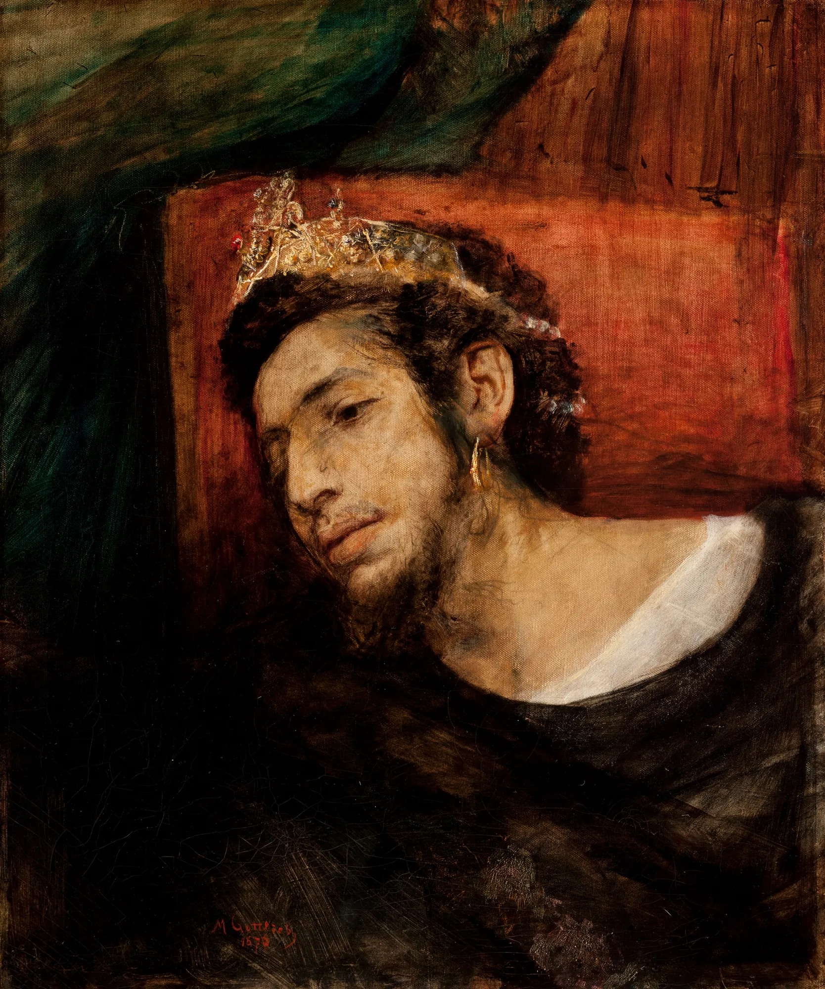 Ahasuerus Ahasuerus by Maurycy Gottlieb. A close-up portrait of a crowned man with a thoughtful expression, set against a deep red background with dark drapery.