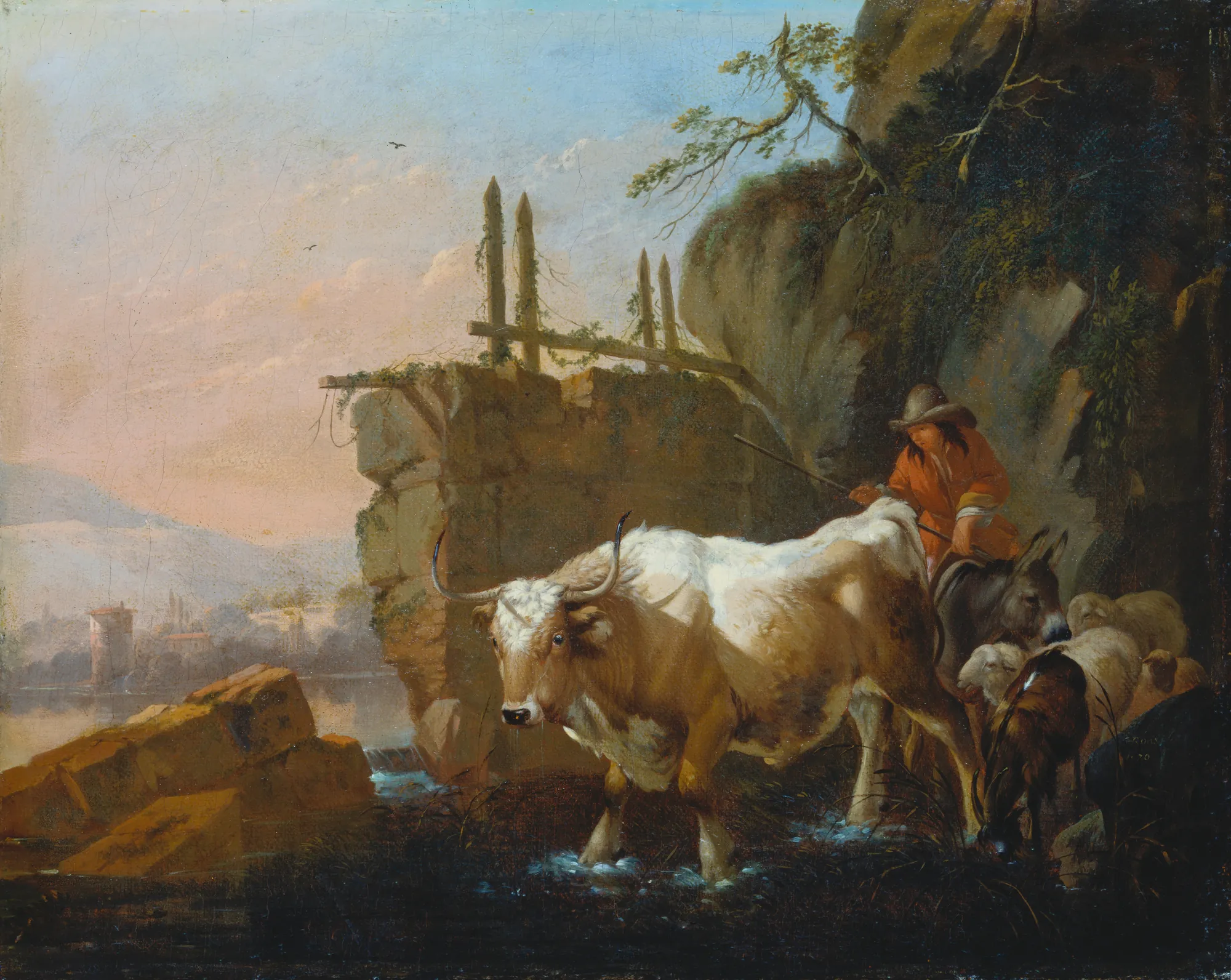 Herdsmen Driving Cattle through a Ford Herdsmen Driving Cattle through a Ford by Johann Heinrich Roos. A large white ox and other livestock are guided across a shallow stream by a herdsman near a crumbling stone ruin.