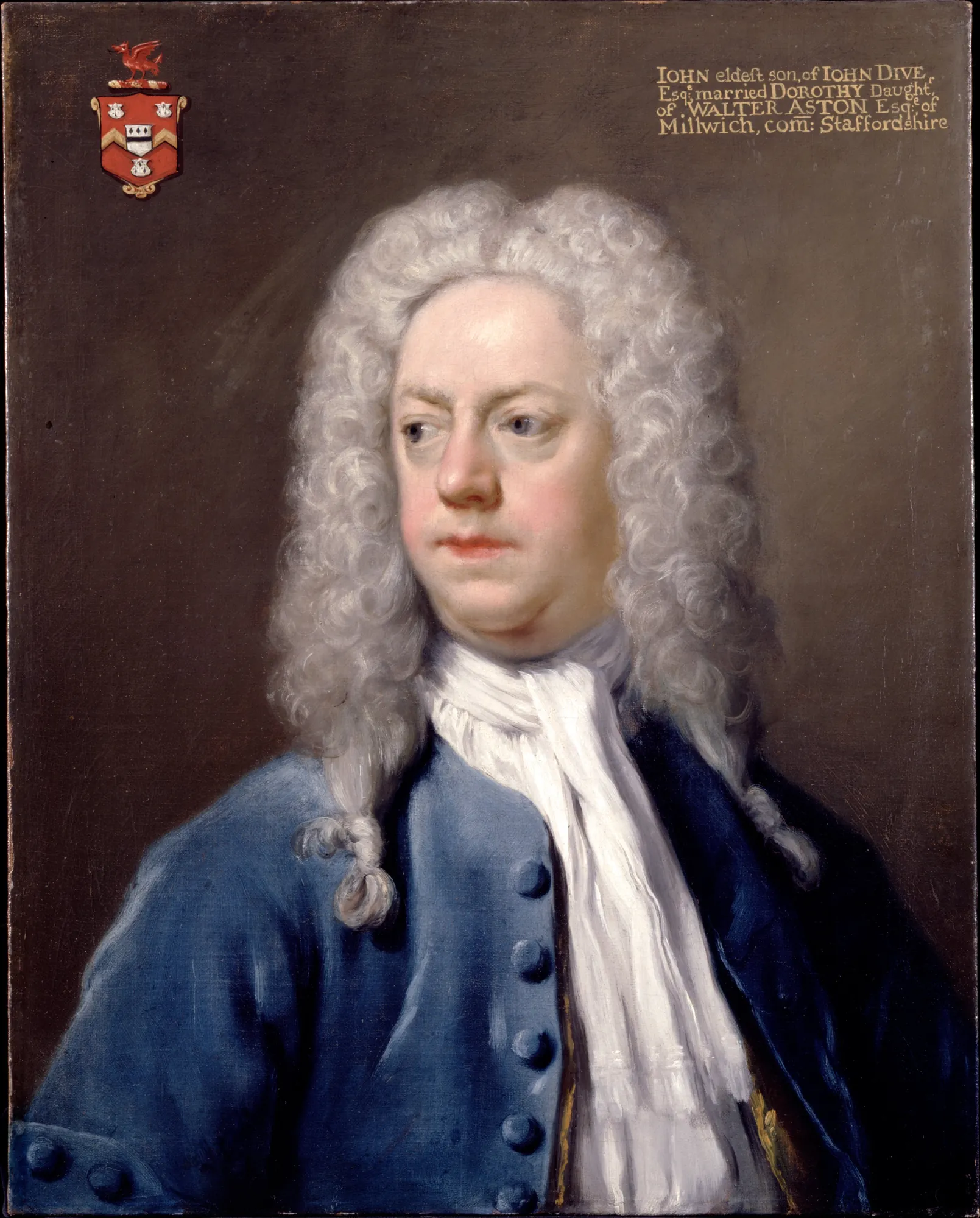 John Dive John Dive by Unknown Artist. A waist-up portrait of a man with a large powdered wig wearing a blue coat and white cravat against a dark background.