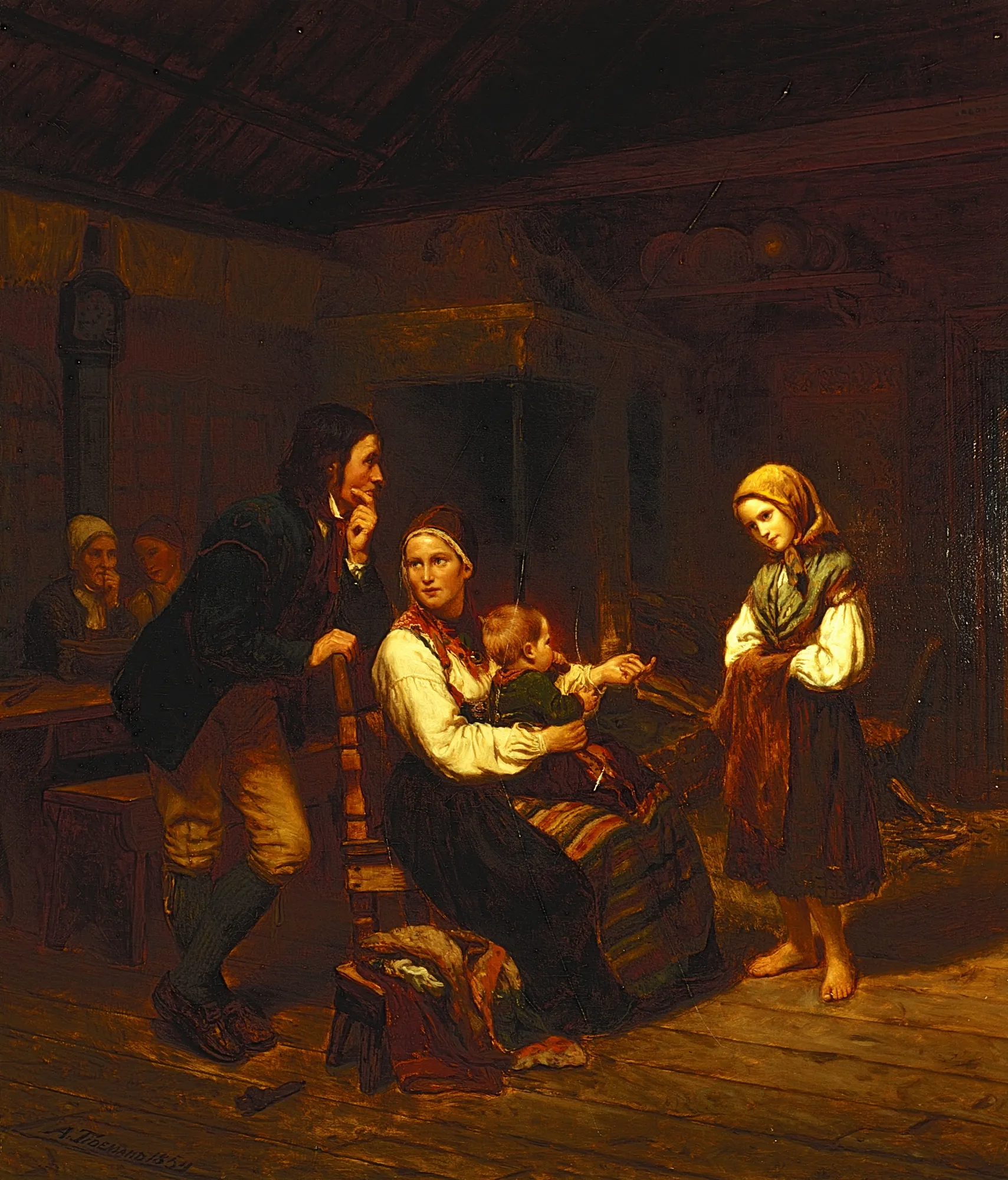 The Orphan The Orphan by Adolph Tidemand. A young girl stands in a beam of light within a dark, rustic wooden interior, surrounded by a seated family and other figures.