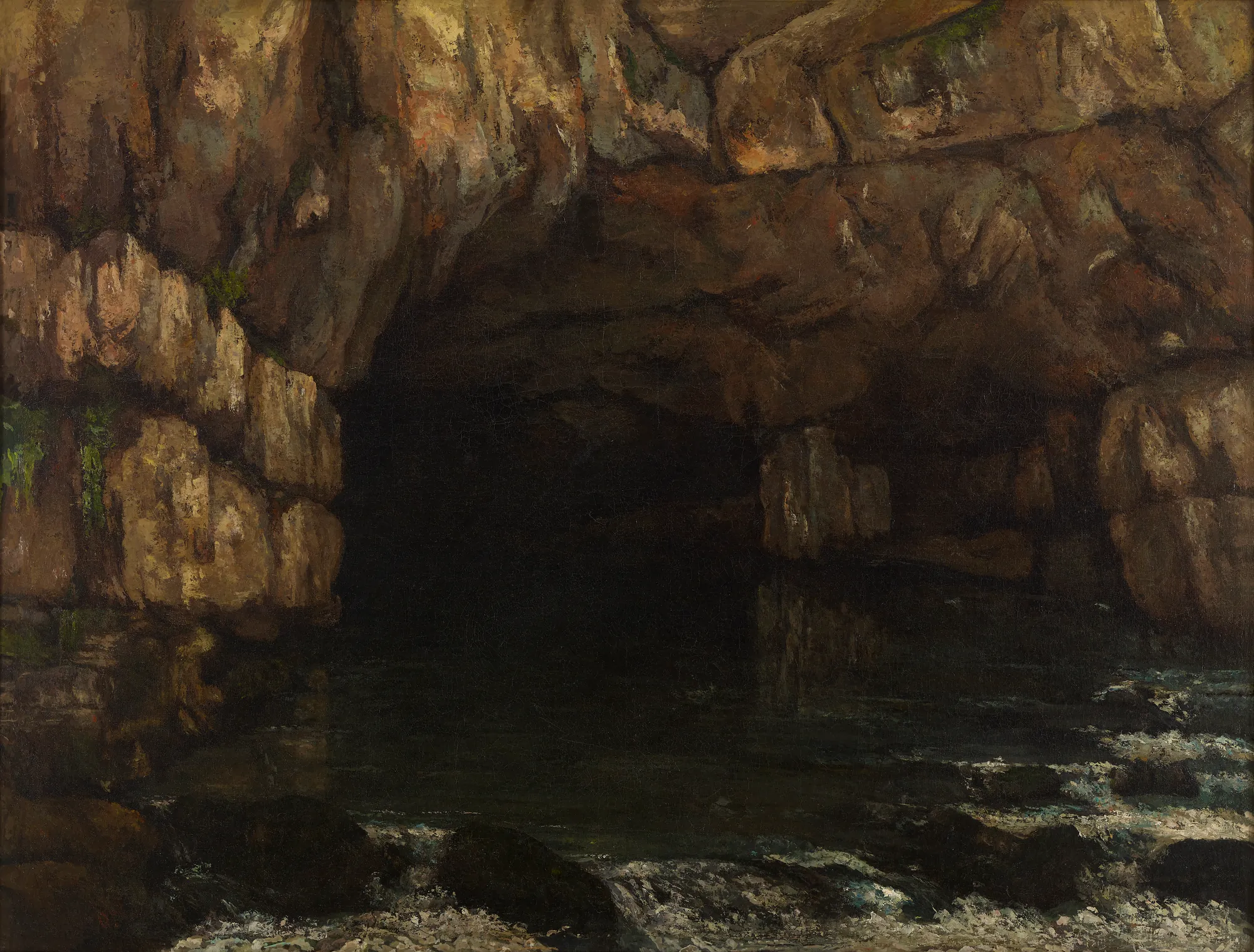 The Source of the Loue The Source of the Loue by Gustave Courbet. A dramatic landscape painting showing the dark, shadowy entrance of a large cave with water flowing over rocky rapids in the foreground.