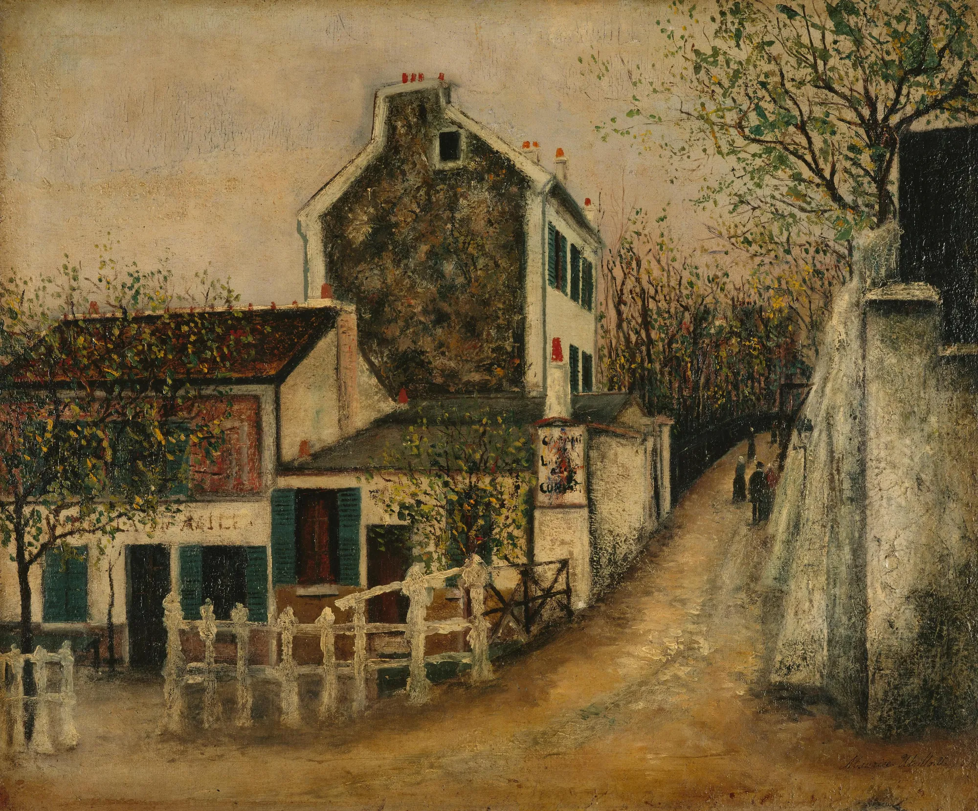 Le Lapin Agile Le Lapin Agile by Maurice Utrillo. A textured oil painting of the historic Le Lapin Agile cabaret in Montmartre, featuring white-fenced gardens and narrow buildings under a hazy sky.