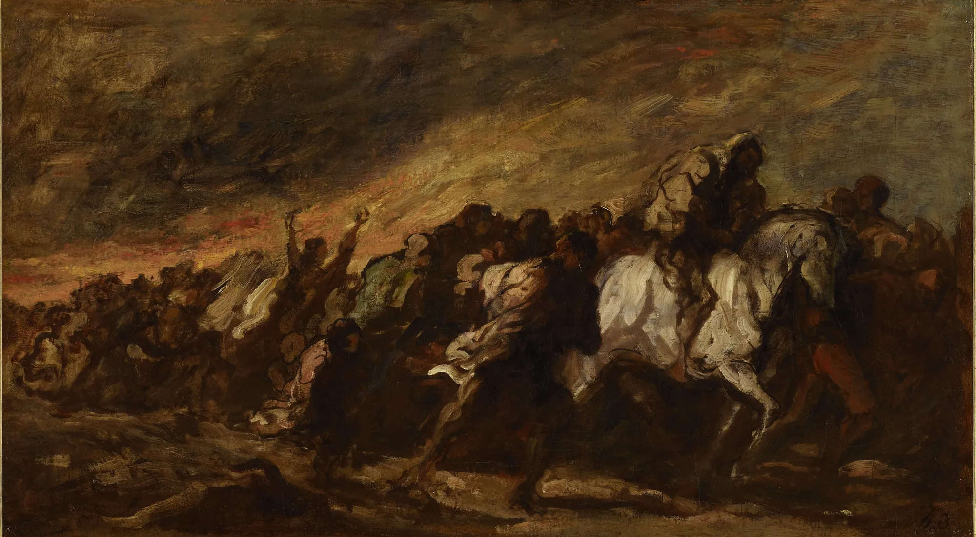 The Fugitives The Fugitives by Honoré Daumier. A group of figures and riders on horseback move urgently through a dark, atmospheric landscape under a turbulent sky.