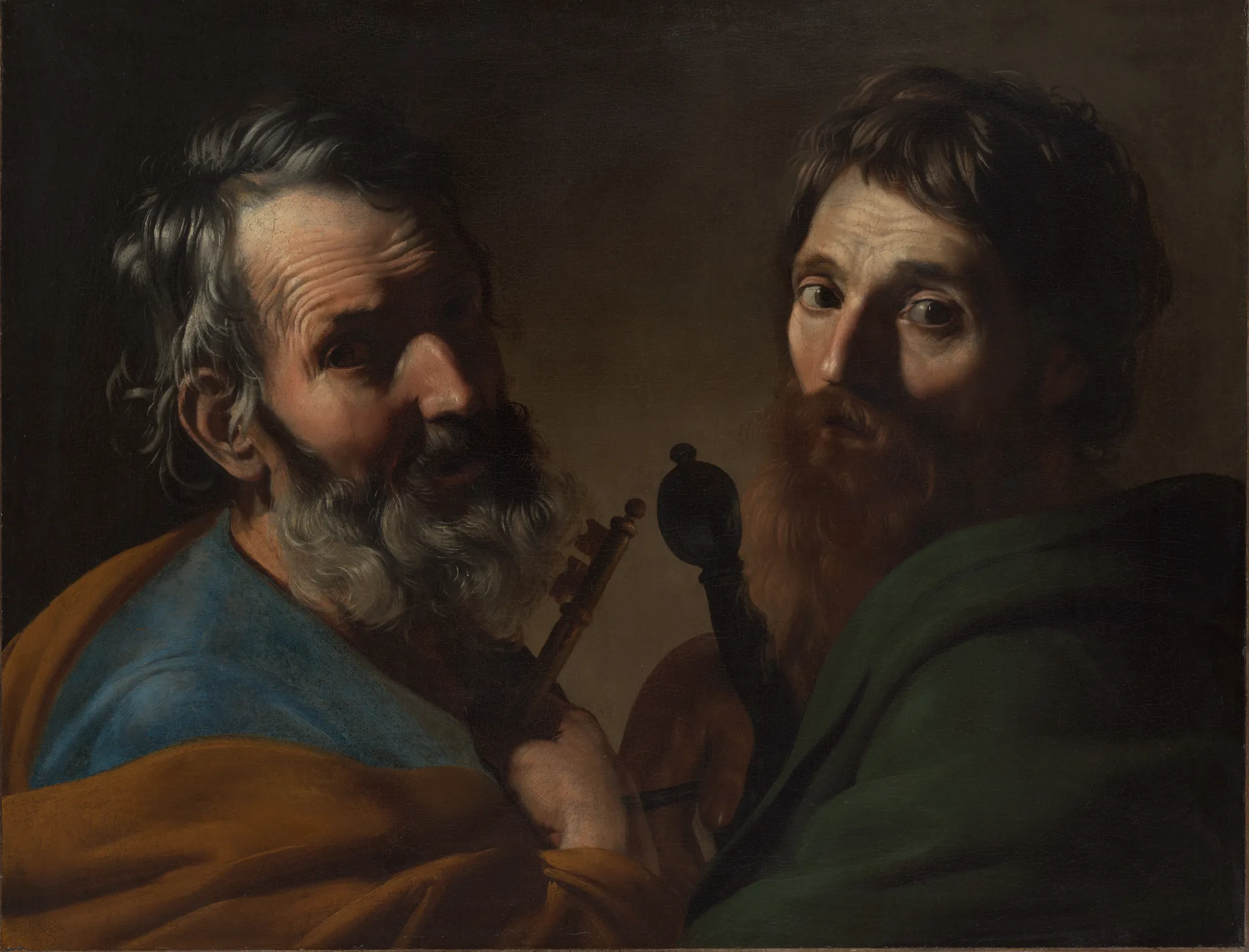 Saints Peter and Paul Saints Peter and Paul by Bartolomeo Manfredi. Two weathered, bearded men are captured in a dramatic beam of light against a pitch-black background, holding a set of keys and a sword hilt.