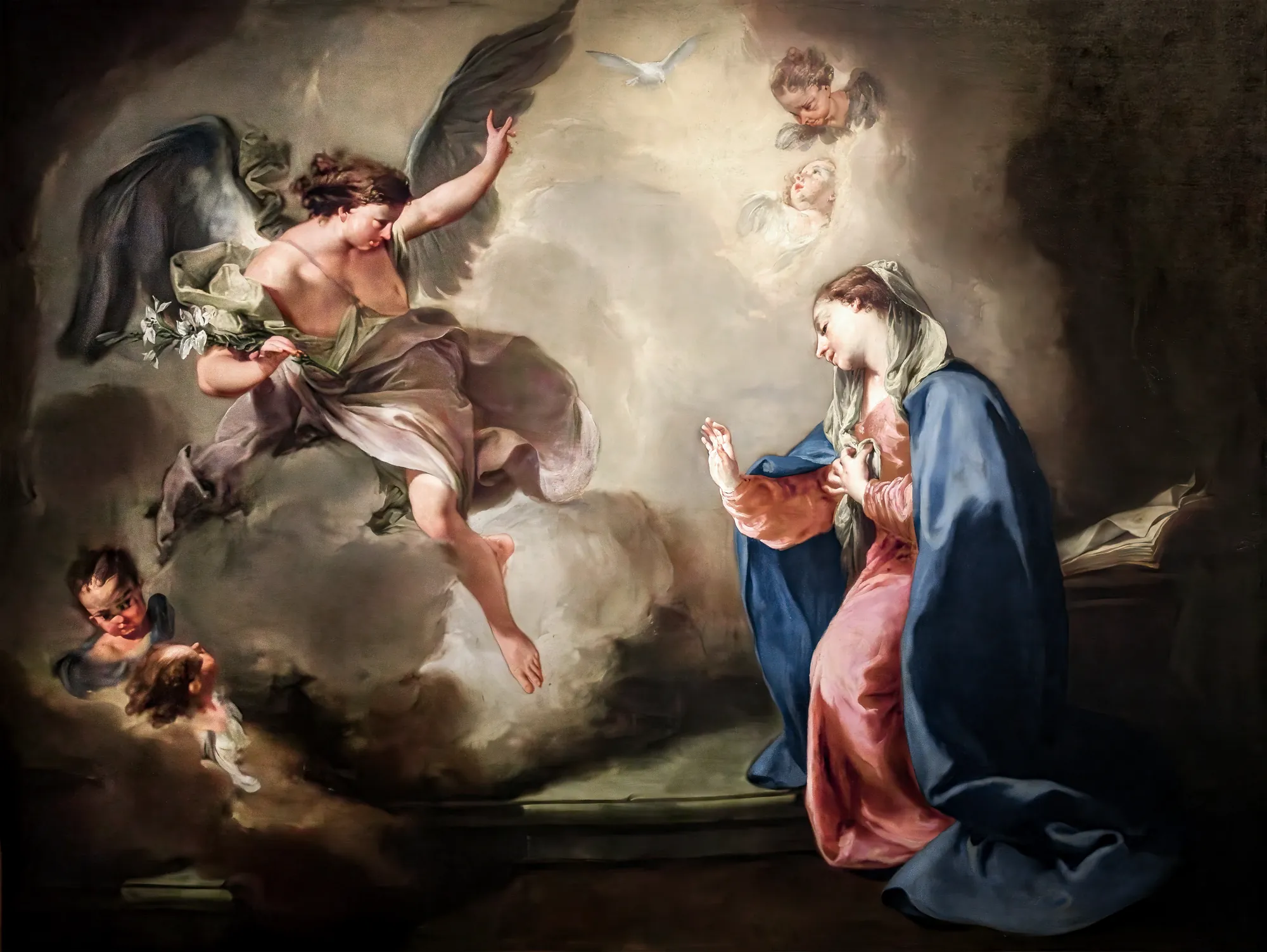 Annunciation Annunciation by Giambattista Pittoni. A dynamic Rococo scene depicting the Archangel Gabriel appearing to the Virgin Mary amidst divine light and cherubs.