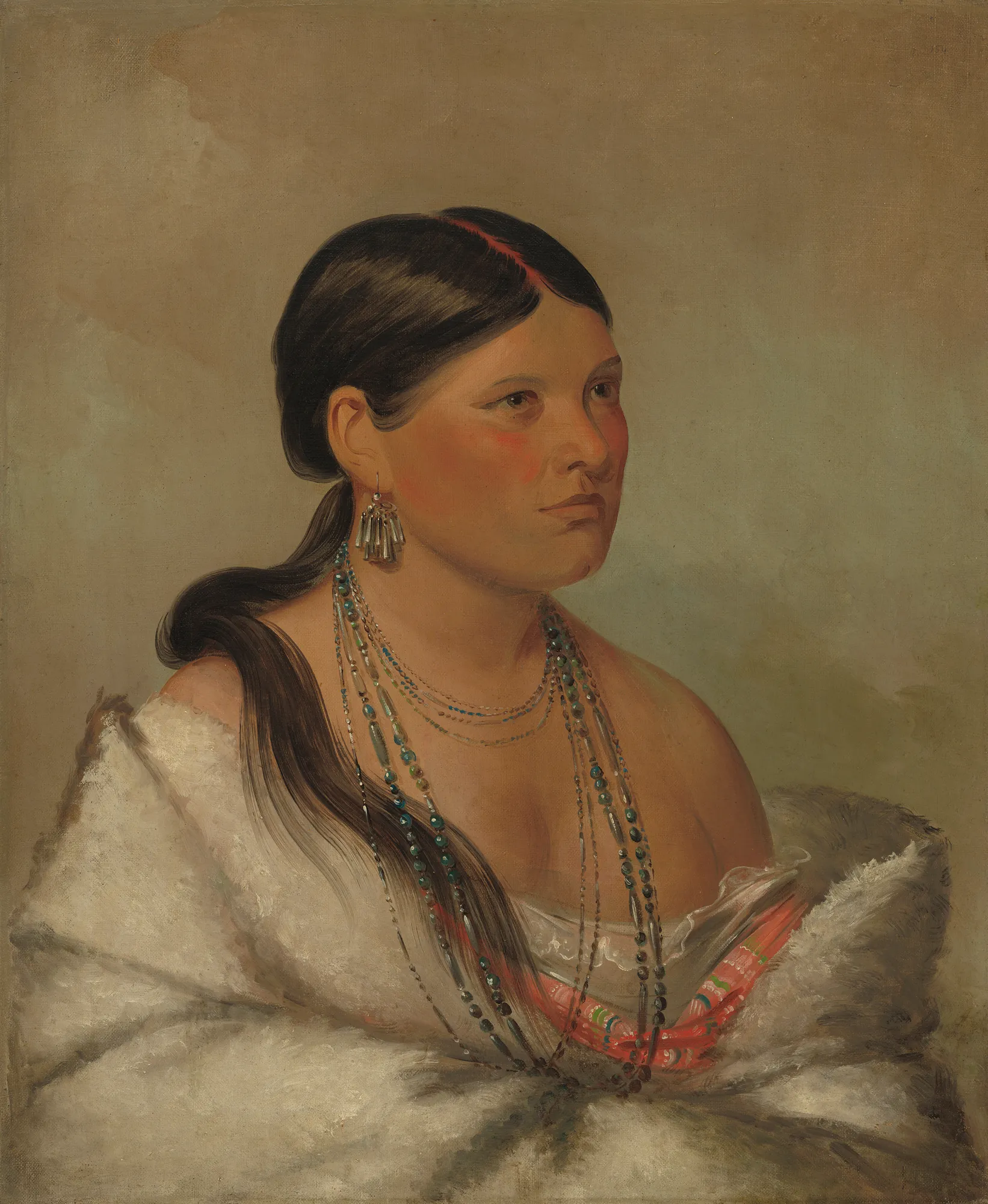 The Female Eagle - Shawano The Female Eagle - Shawano by George Catlin. A portrait of a Shawnee woman with long dark hair, wearing multiple beaded necklaces and a white fur mantle against a neutral background.