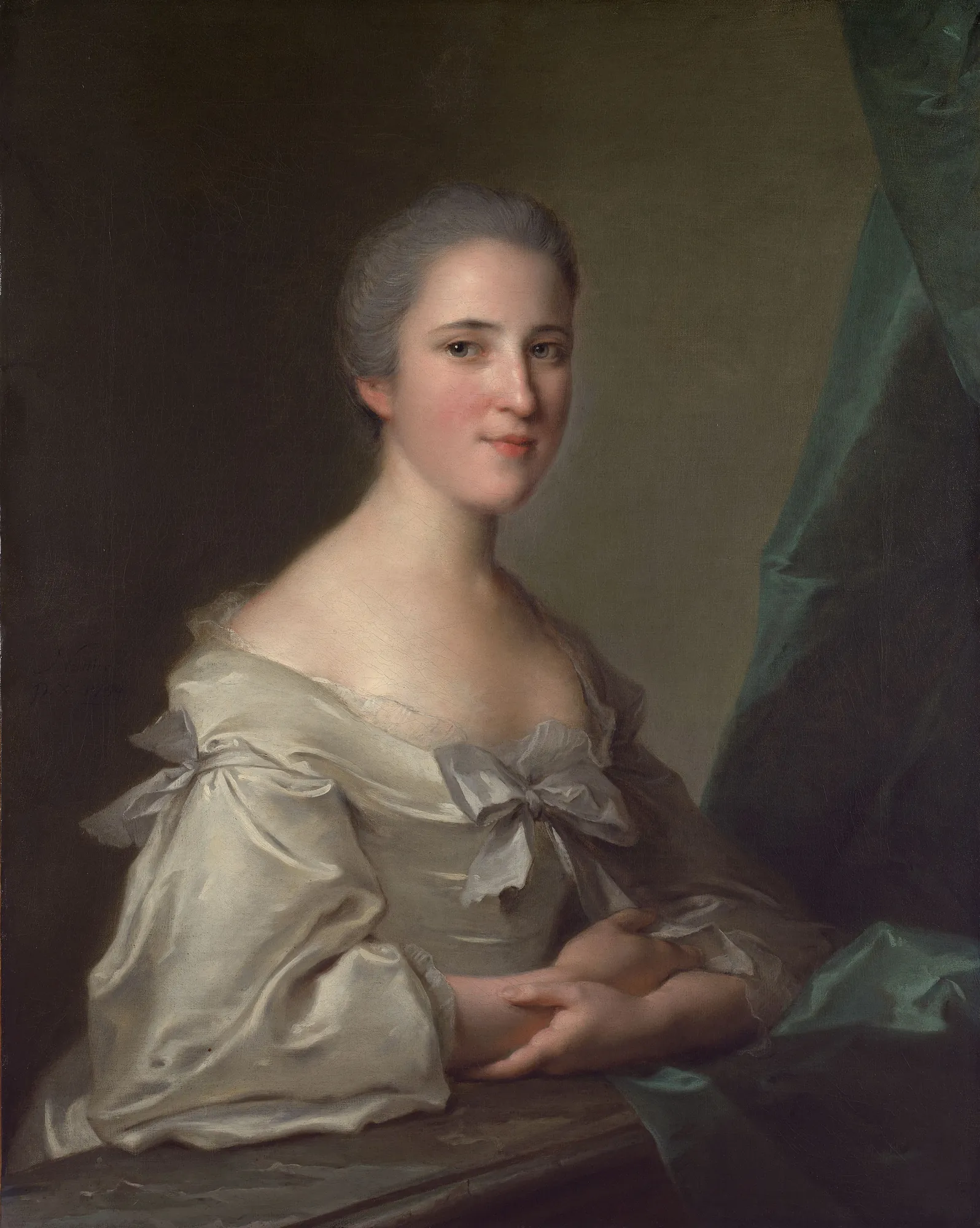 Elizabeth, Countess of Warwick Elizabeth, Countess of Warwick by Jean-Marc Nattier. A three-quarter length portrait of a woman with powdered hair wearing a white silk gown with bows, set against a dark background with a teal curtain.