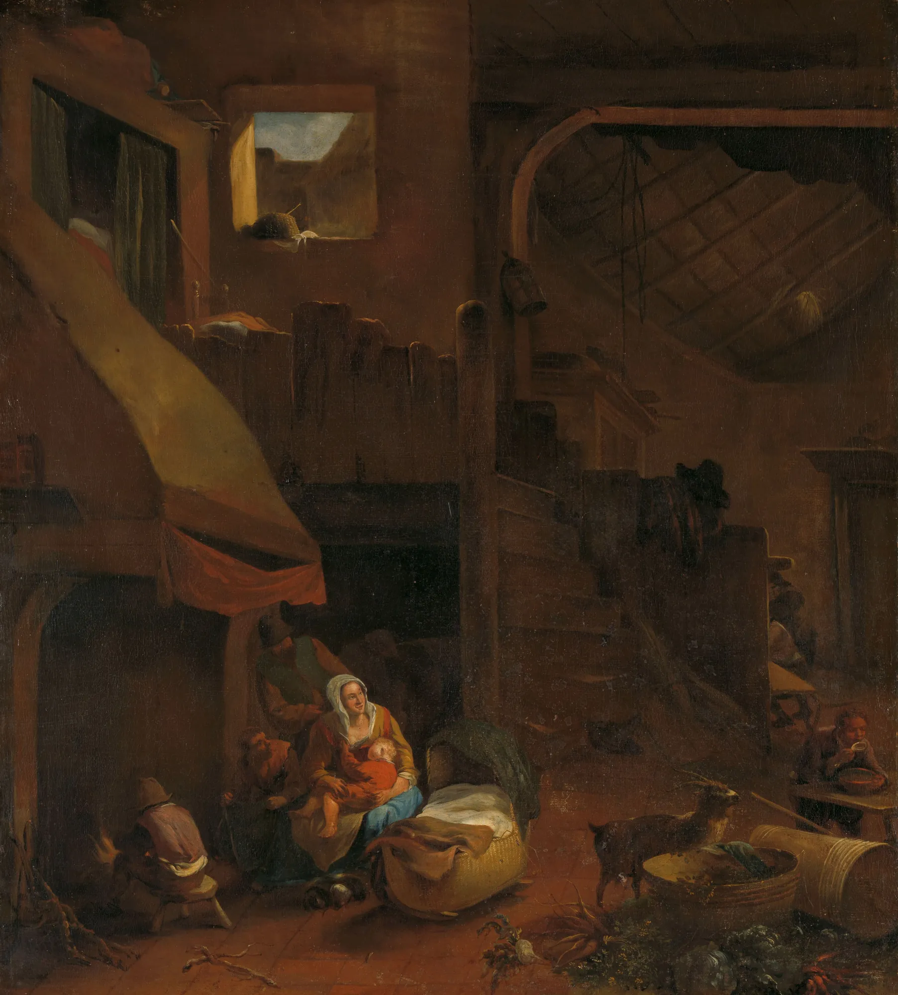 Interior of a Peasant Hut Interior of a Peasant Hut by Hendrick Mommers. A warm, dimly lit rustic interior features a mother cradling a child beside a wicker cradle and a glowing hearth.