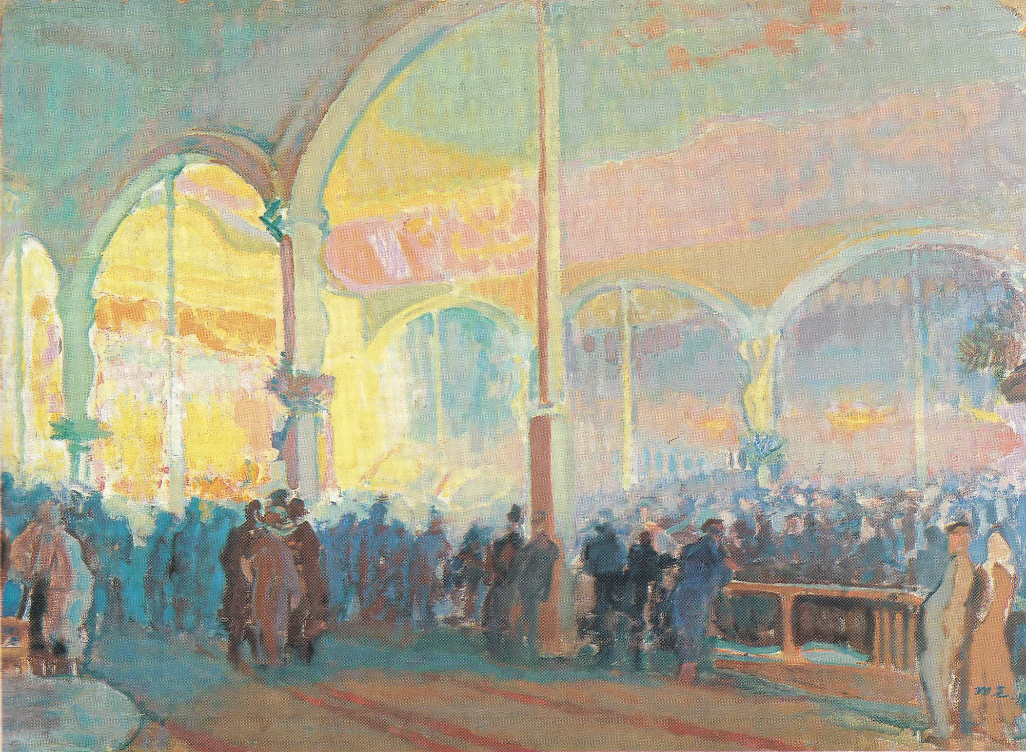 Bal Tabarin Bal Tabarin by Magnus Enckell. A bustling crowd of figures gathers beneath glowing yellow and pink arches in a luminous Parisian nightclub interior.