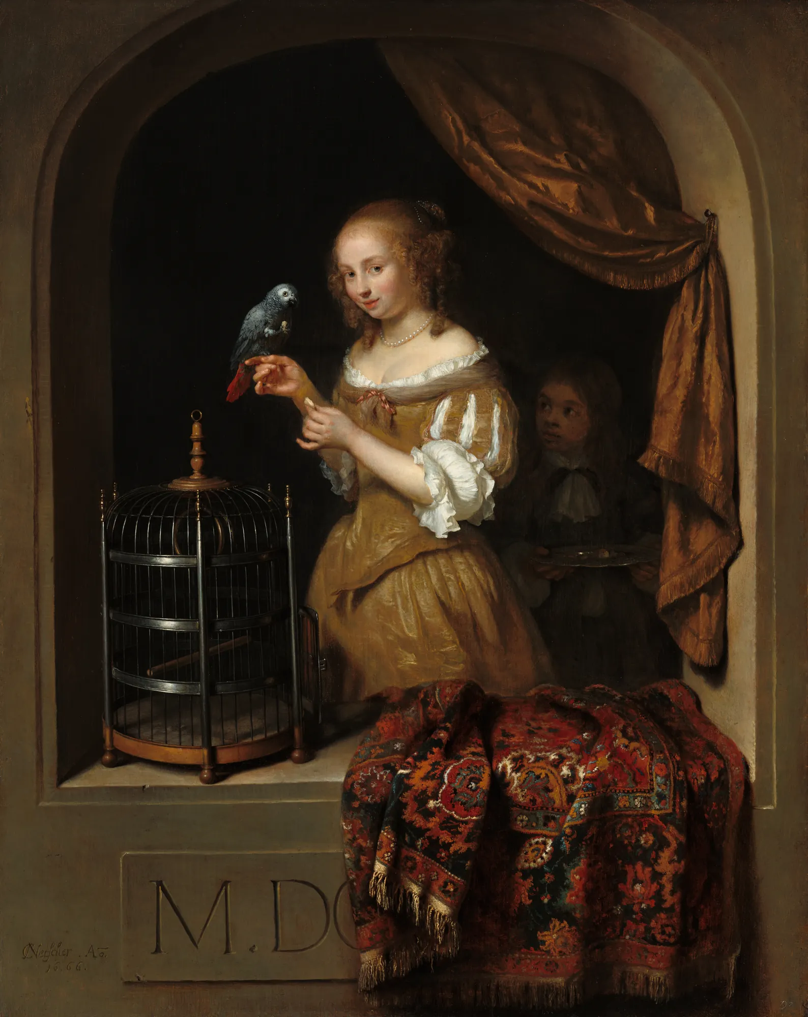 A Woman Feeding a Parrot with a Page