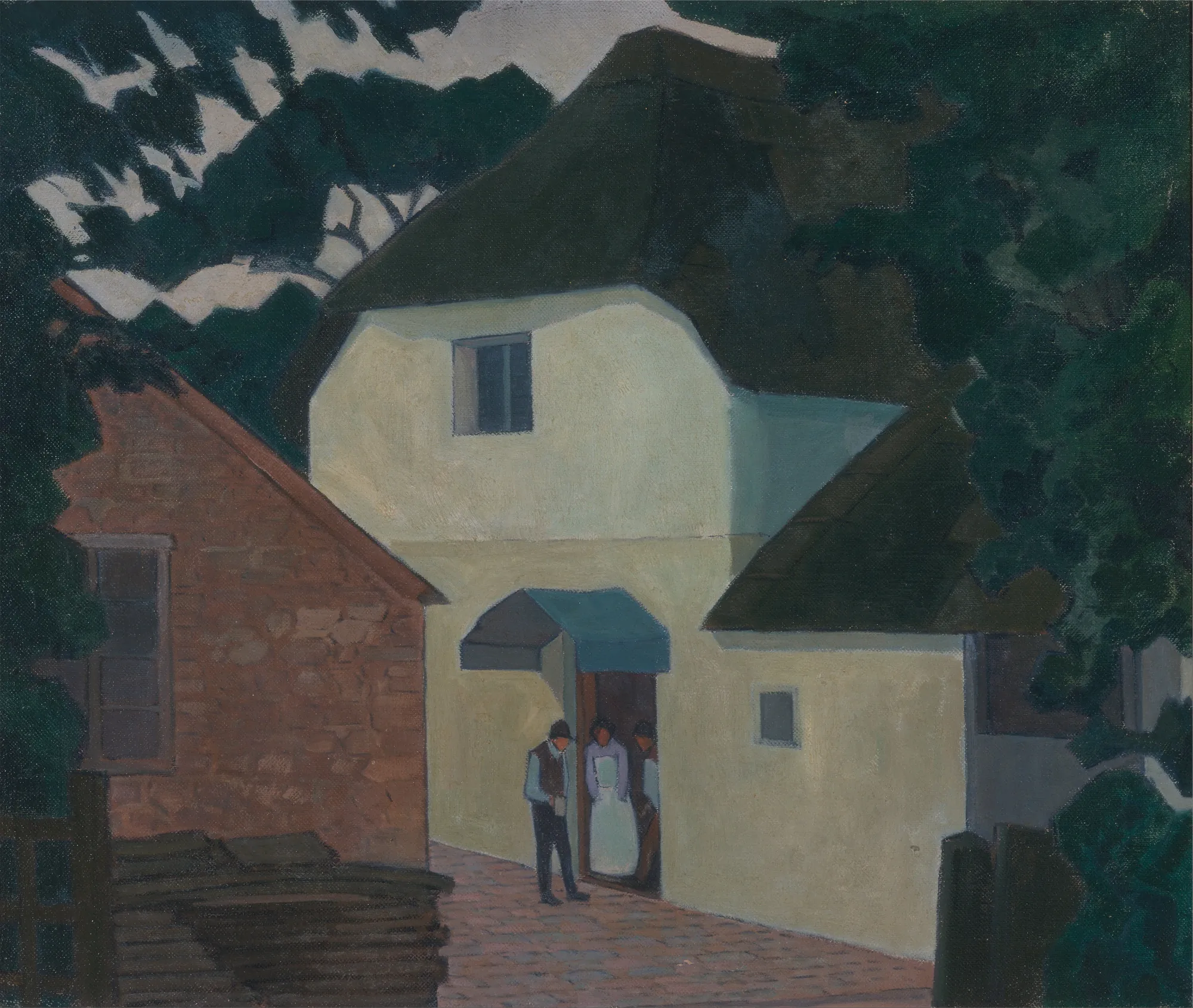 The Caller at the Mill The Caller at the Mill by Robert Bevan. A group of figures stands at the doorway of a pale, high-roofed building, flanked by a brick structure and dark green trees.