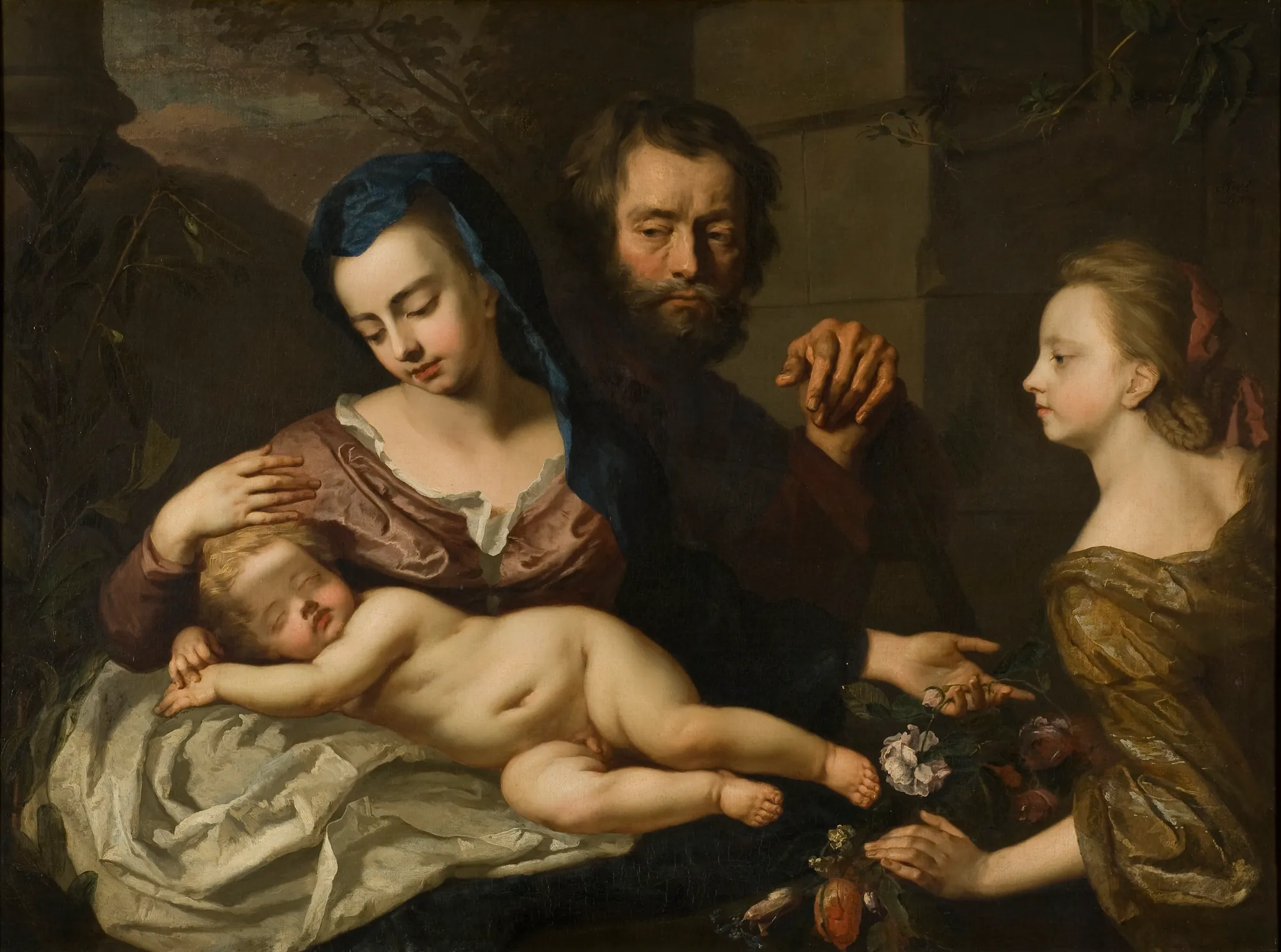The Holy Family The Holy Family by Michael Dahl. A Baroque oil painting depicting the Virgin Mary watching over the sleeping Christ child, with Joseph in the background and a young girl presenting flowers.