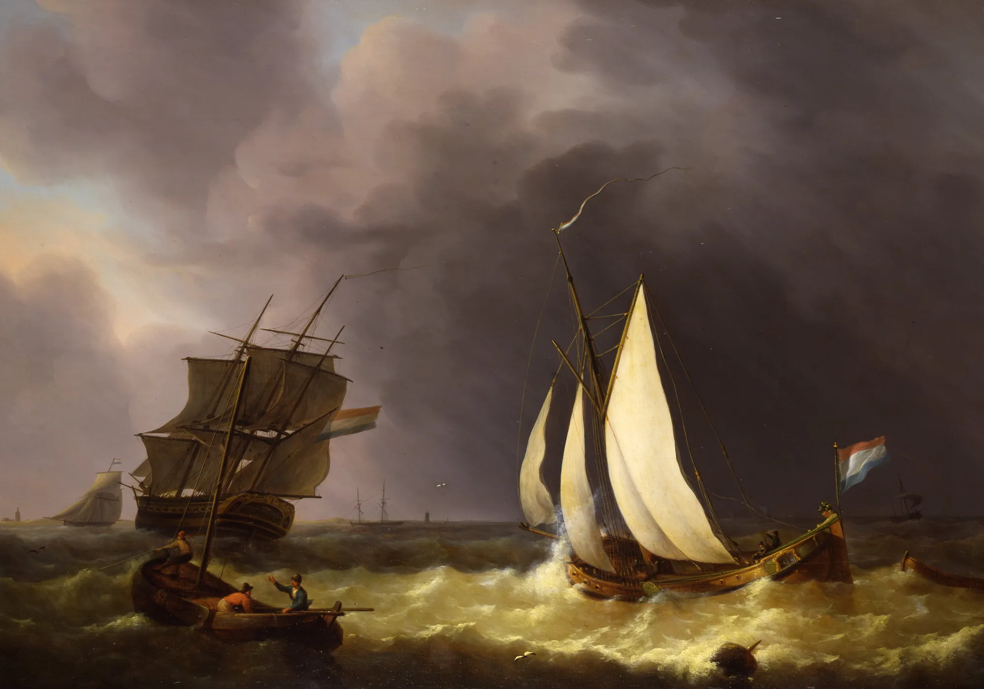 Seascape with a Rising Storm Seascape with a Rising Storm by Martinus Schouman. Several sailing vessels navigate choppy seas under a dark, billowing sky as a storm approaches.