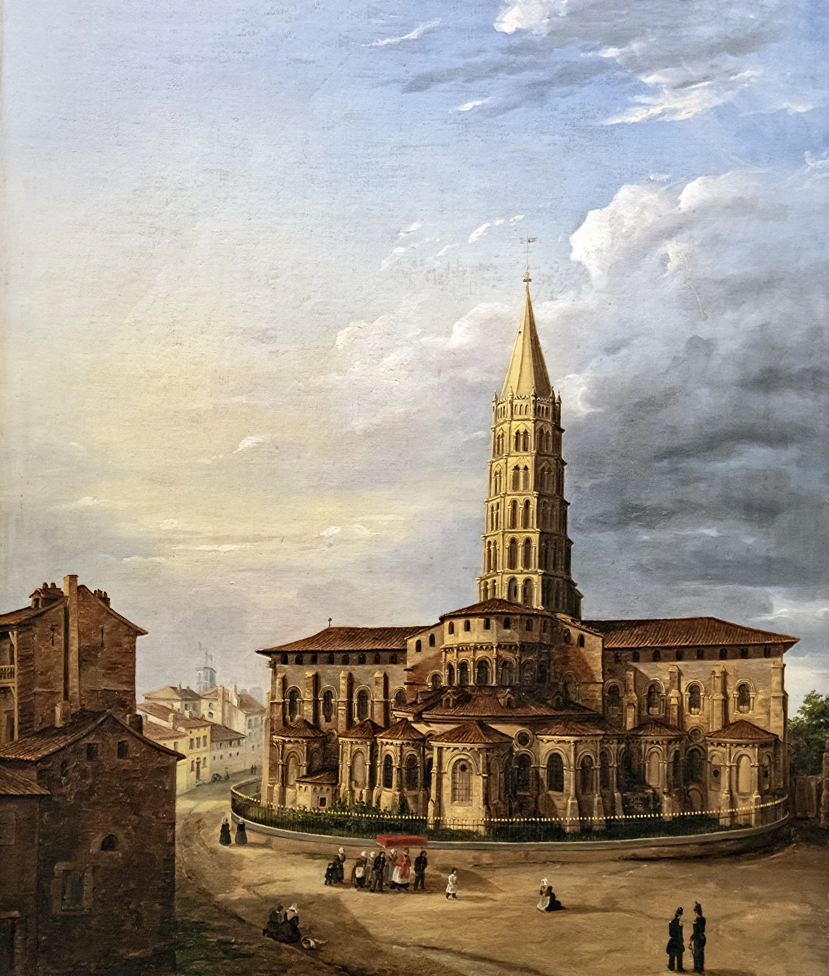La Basilique Saint-Sernin La Basilique Saint-Sernin by Claire Arnoux. An oil painting depicting the Romanesque Basilica of Saint-Sernin in Toulouse, featuring its iconic octagonal spire and a sunny square with figures.