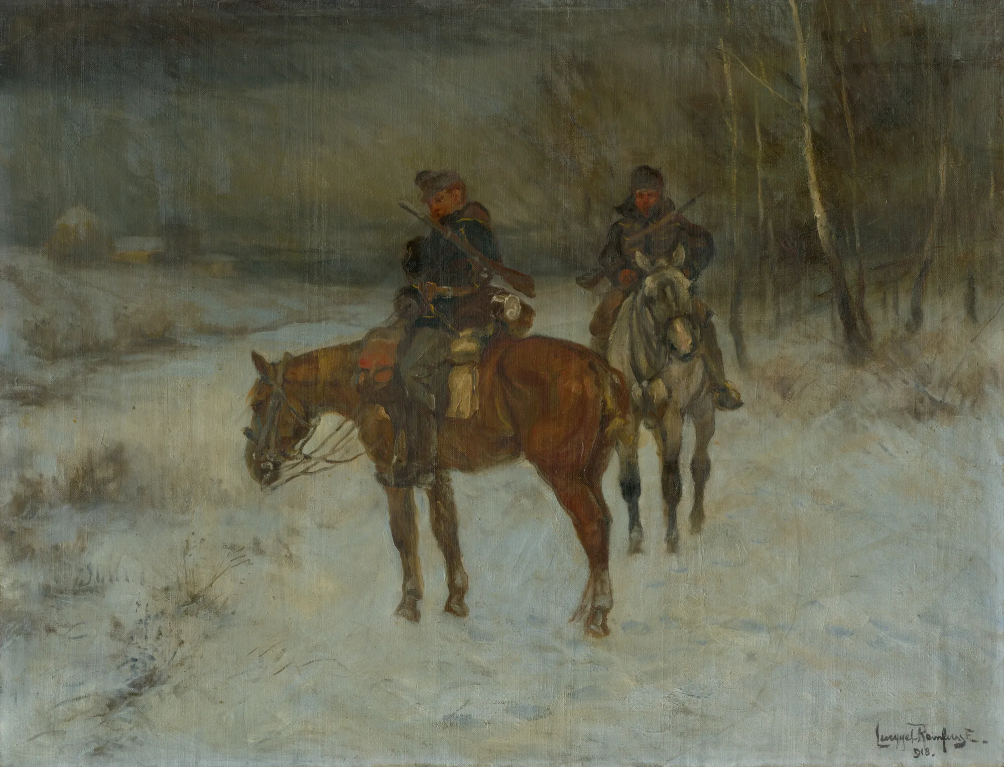 Winter Patrol (Hliadka v zime) Winter Patrol (Hliadka v zime) by Ede Lengyel-Rheinfuss. Two mounted soldiers on horseback traversing a quiet, snow-covered landscape under an overcast sky.