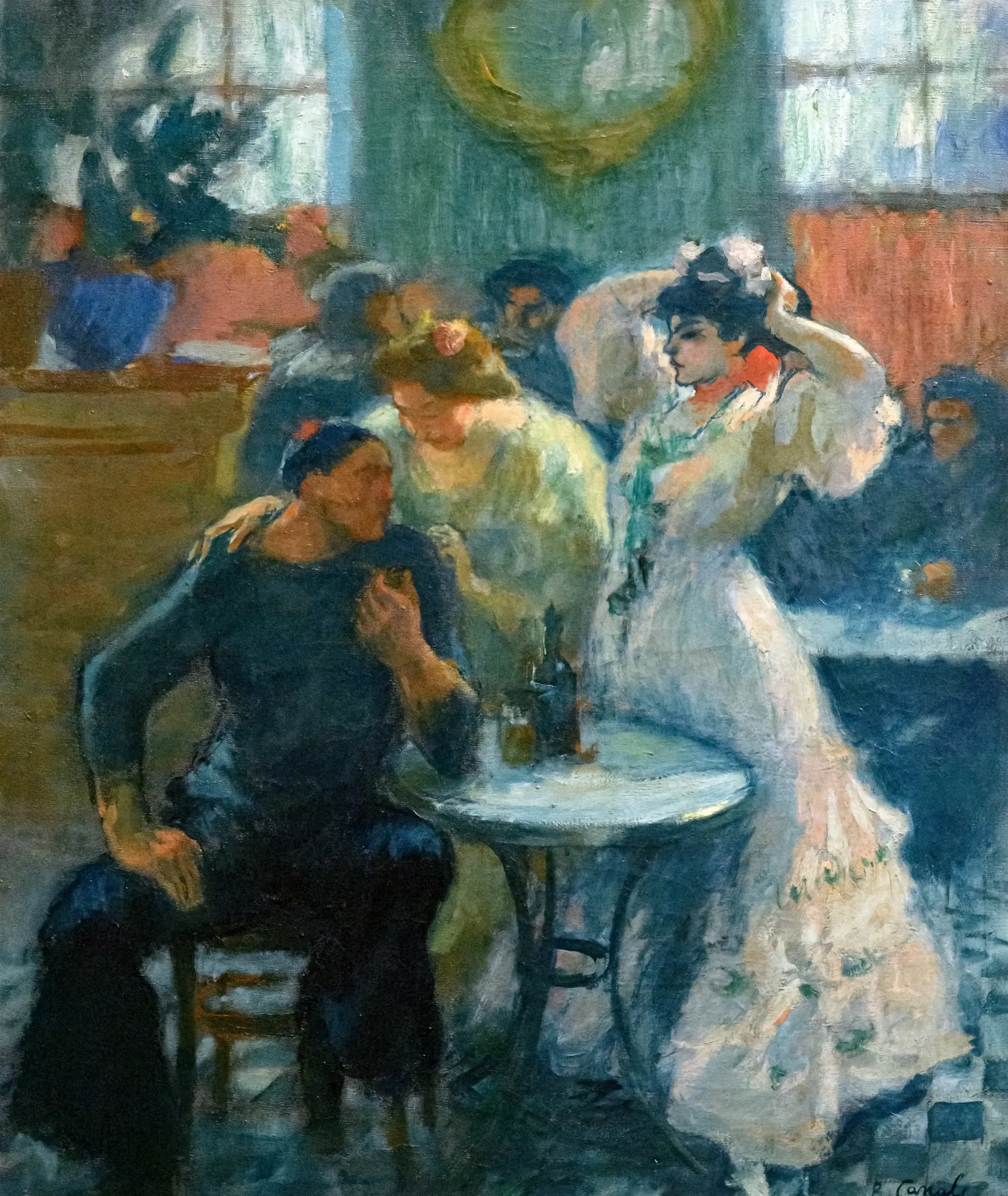 At the Bar At the Bar by Ricard Canals. A man sits at a cafe table while a woman in a white dress stands nearby adjusting her hair amidst other patrons.