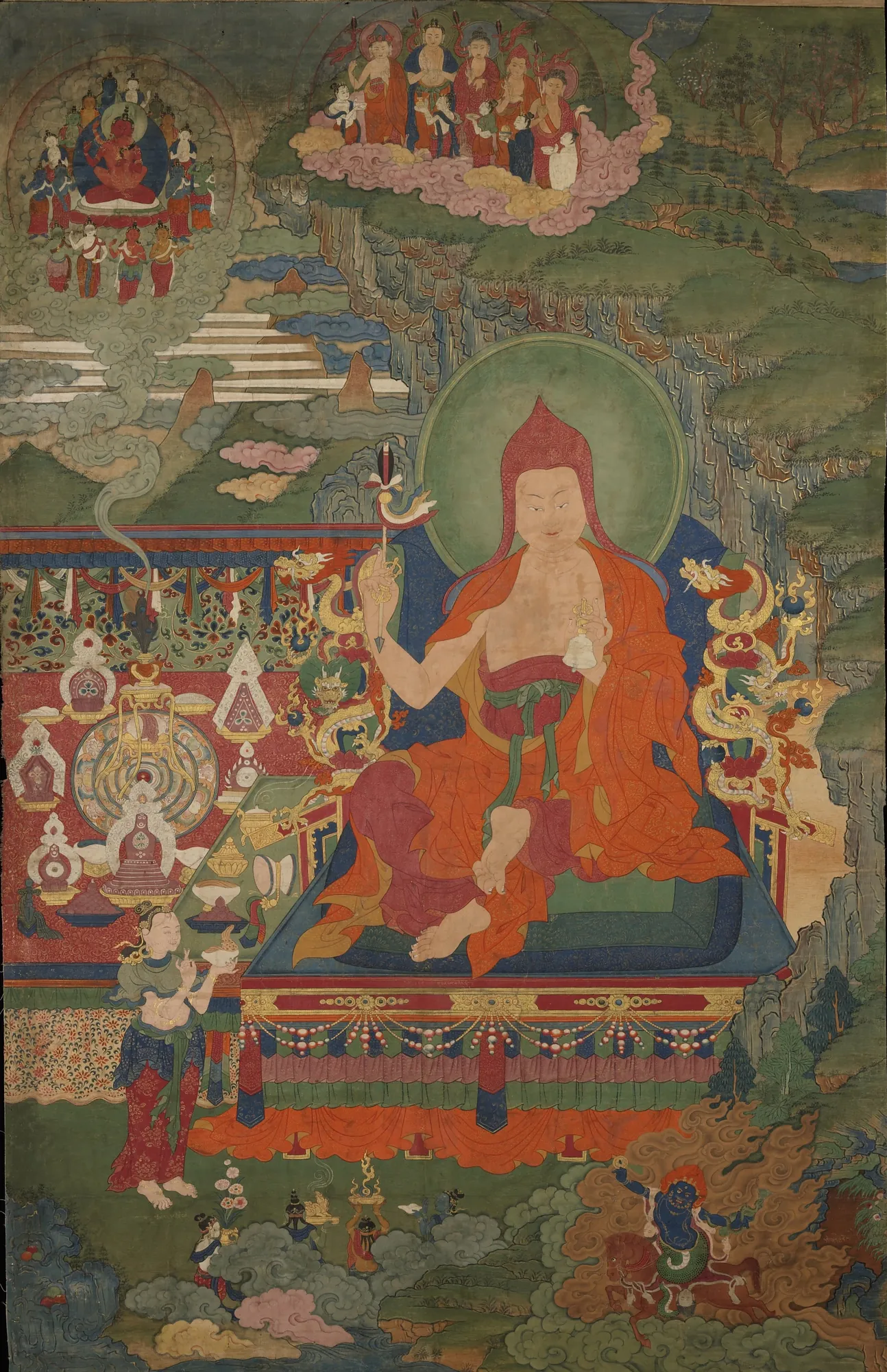 Lama Engaged in Ritual Lama Engaged in Ritual by Unknown Artist. A central Tibetan Lama in vibrant red and orange robes performs a ritual on an ornate throne, surrounded by deities, monks, and ceremonial objects in a mountain landscape.