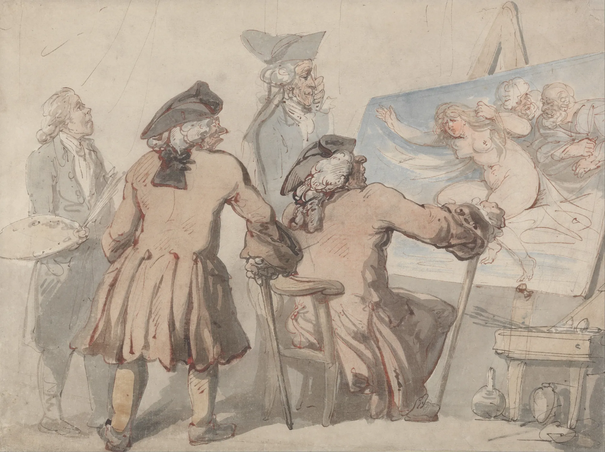 The Connoisseurs The Connoisseurs by Thomas Rowlandson. A group of 18th-century gentlemen gather in an artist's studio to scrutinize a painting of a nude female figure displayed on an easel.