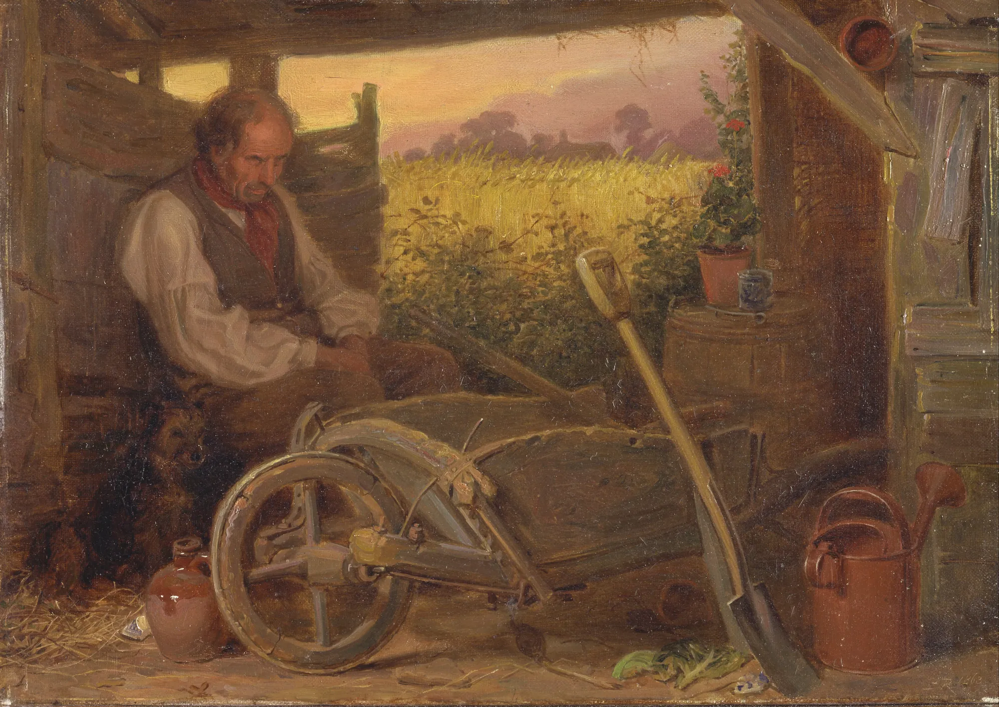The Old Gardener The Old Gardener by Briton Rivière. An elderly gardener sits resting in a rustic wooden shed alongside his wheelbarrow and tools, while a small dog rests at his feet.