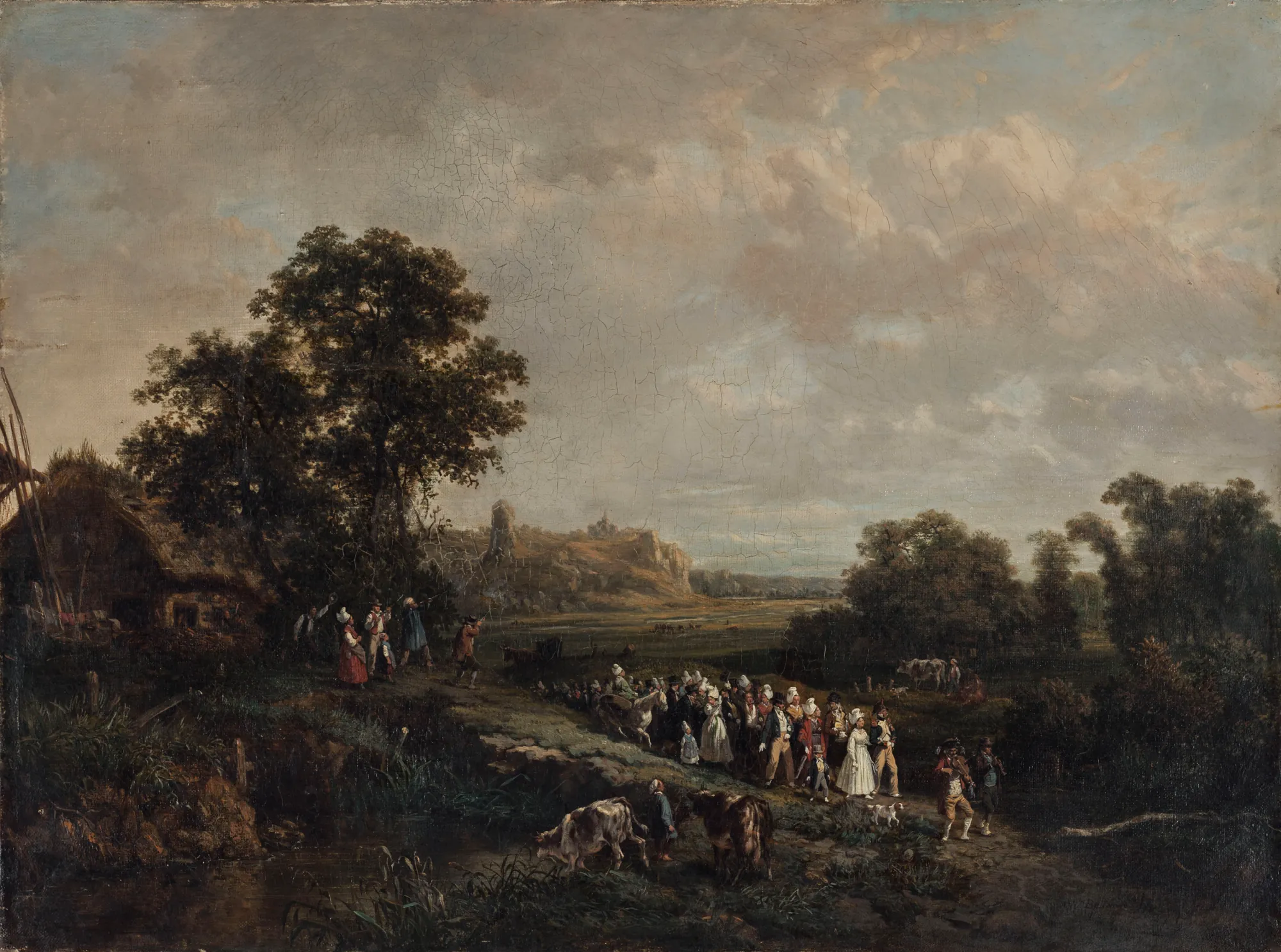 Une noce en procession Une noce en procession by Eugène Louis Vasselin. A large group of people in traditional attire forms a wedding procession across a rural landscape with a cottage, cattle, and a winding stream.
