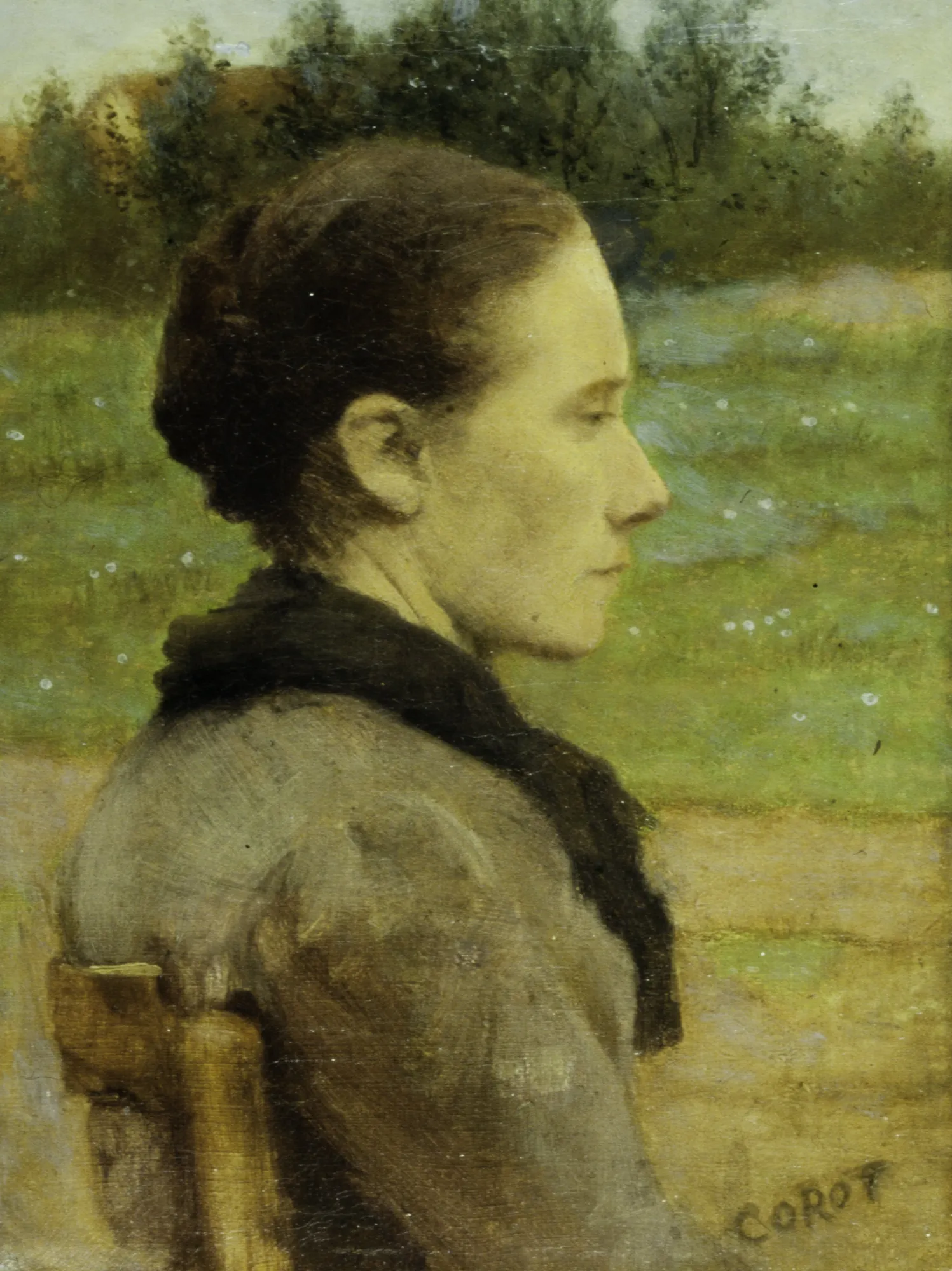Portrait of a Woman Portrait of a Woman by Jean-Baptiste Camille Corot. A profile portrait of a woman with dark hair gathered back, wearing a grey garment and black shawl against a soft-focus green landscape.