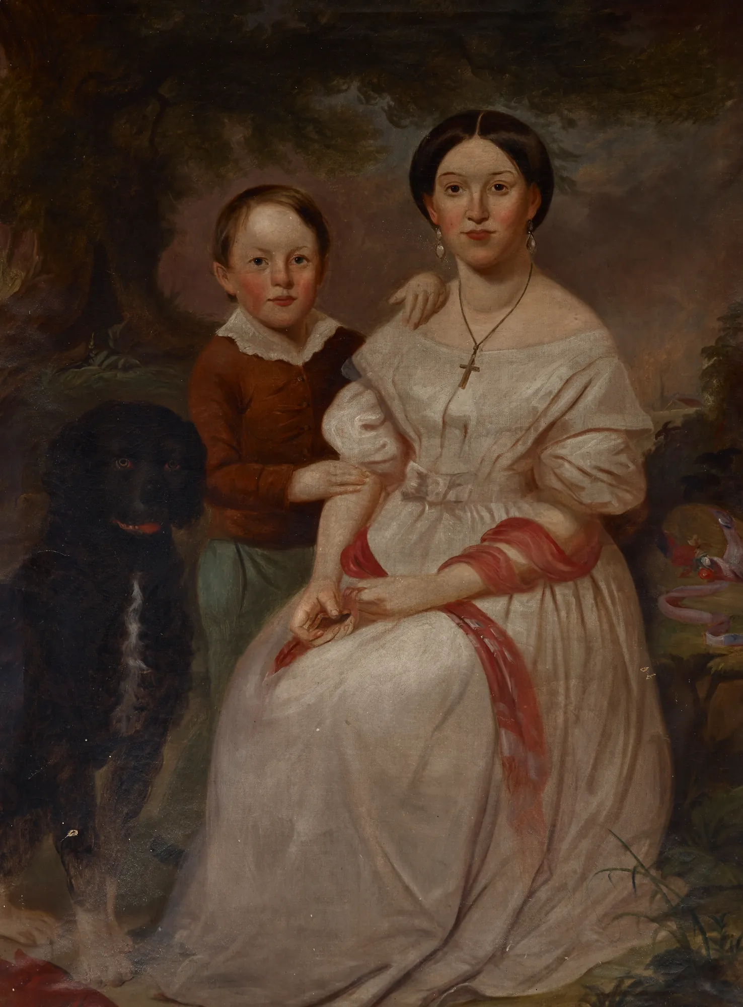 Portrait of Sarah Elizabeth Morrison and Samuel Morrison Portrait of Sarah Elizabeth Morrison and Samuel Morrison by Jacob Cox. A seated woman in a white dress and red shawl poses with a young boy and a large black dog in a wooded landscape.