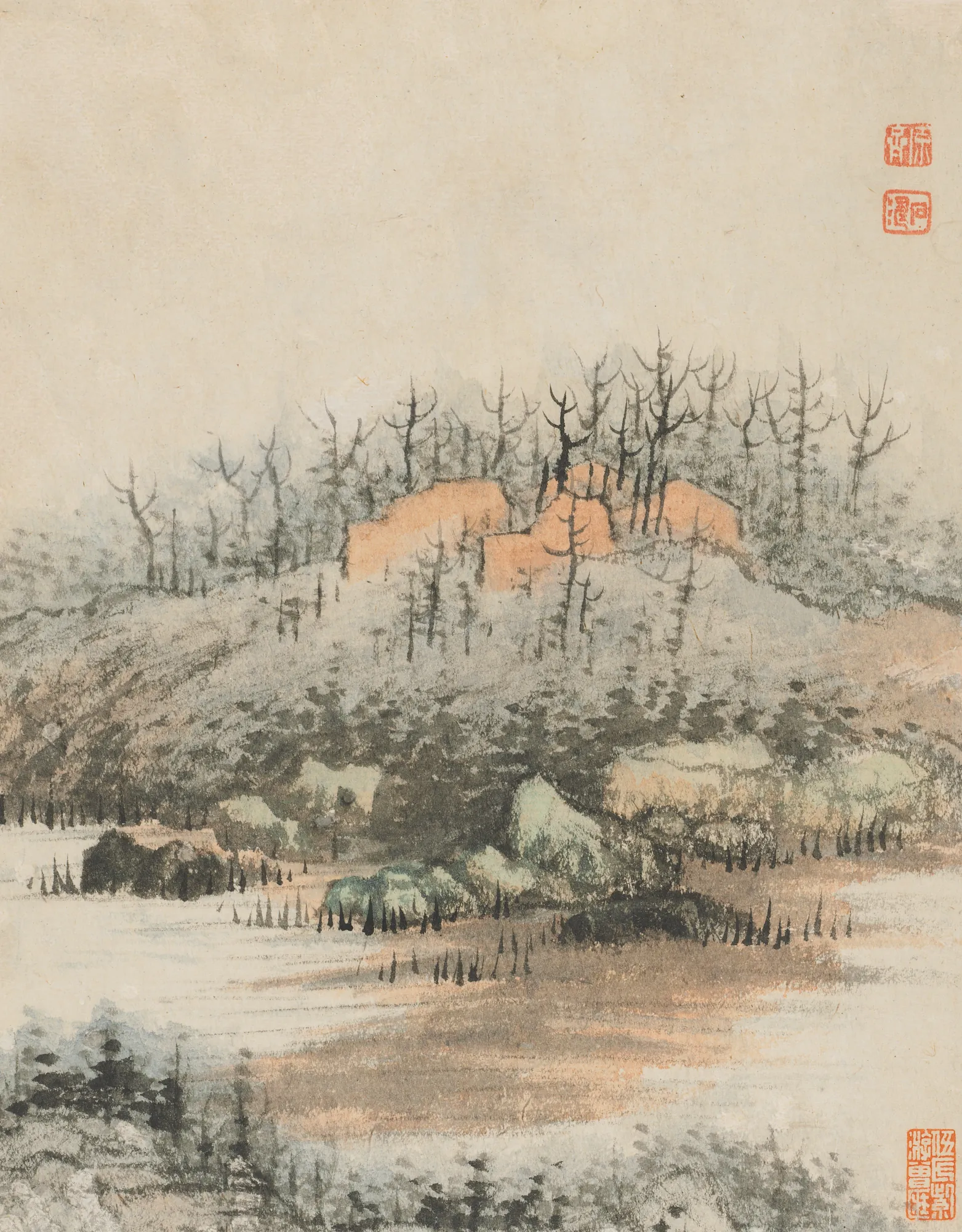 Reminiscences of Qinhuai River Reminiscences of Qinhuai River by Shitao. A serene Chinese landscape painting depicting sparse, spindly trees on a rocky shoreline under a misty, expansive sky.