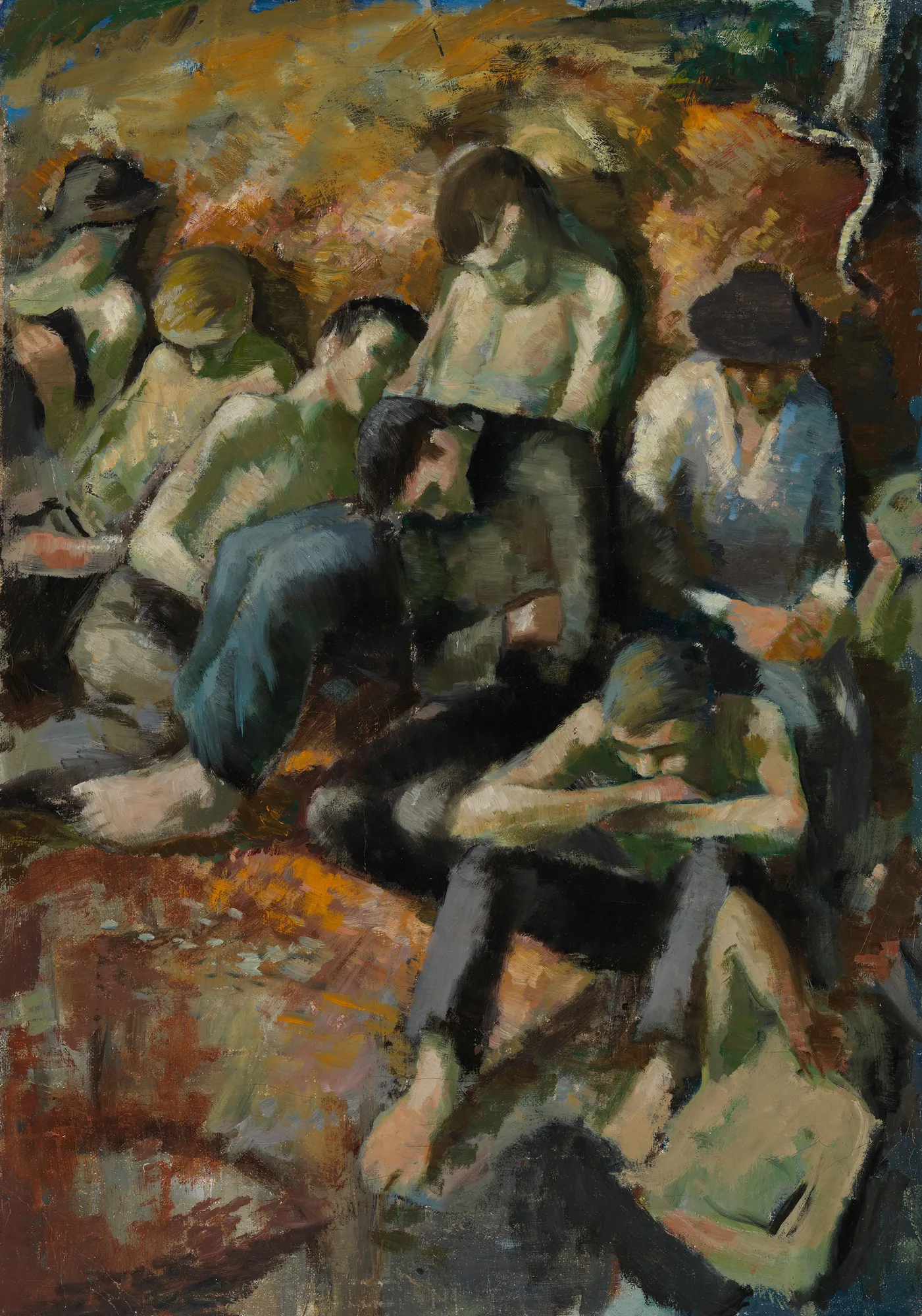 Prison Camp Prison Camp by Henry Ericsson. An expressive oil painting depicting a group of men huddled together on the ground in a dense, dark-toned composition.