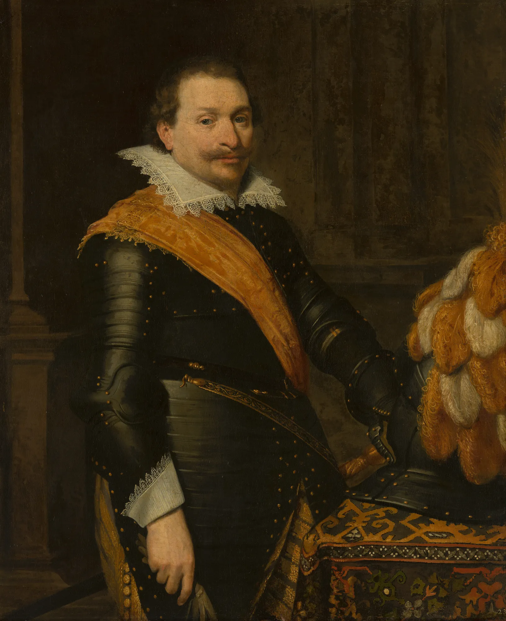 Portrait of an Officer Portrait of an Officer by Jan van Ravesteyn. A three-quarter length portrait of a man in dark armor with a prominent orange sash and a delicate white lace ruff.