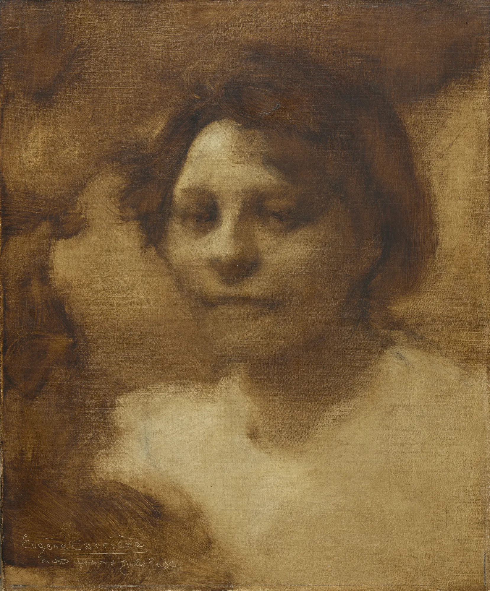 Madame Case Madame Case by Eugène Carrière. A monochromatic, atmospheric portrait of a woman with a gentle expression, rendered in soft sepia tones with misty, blurred edges.