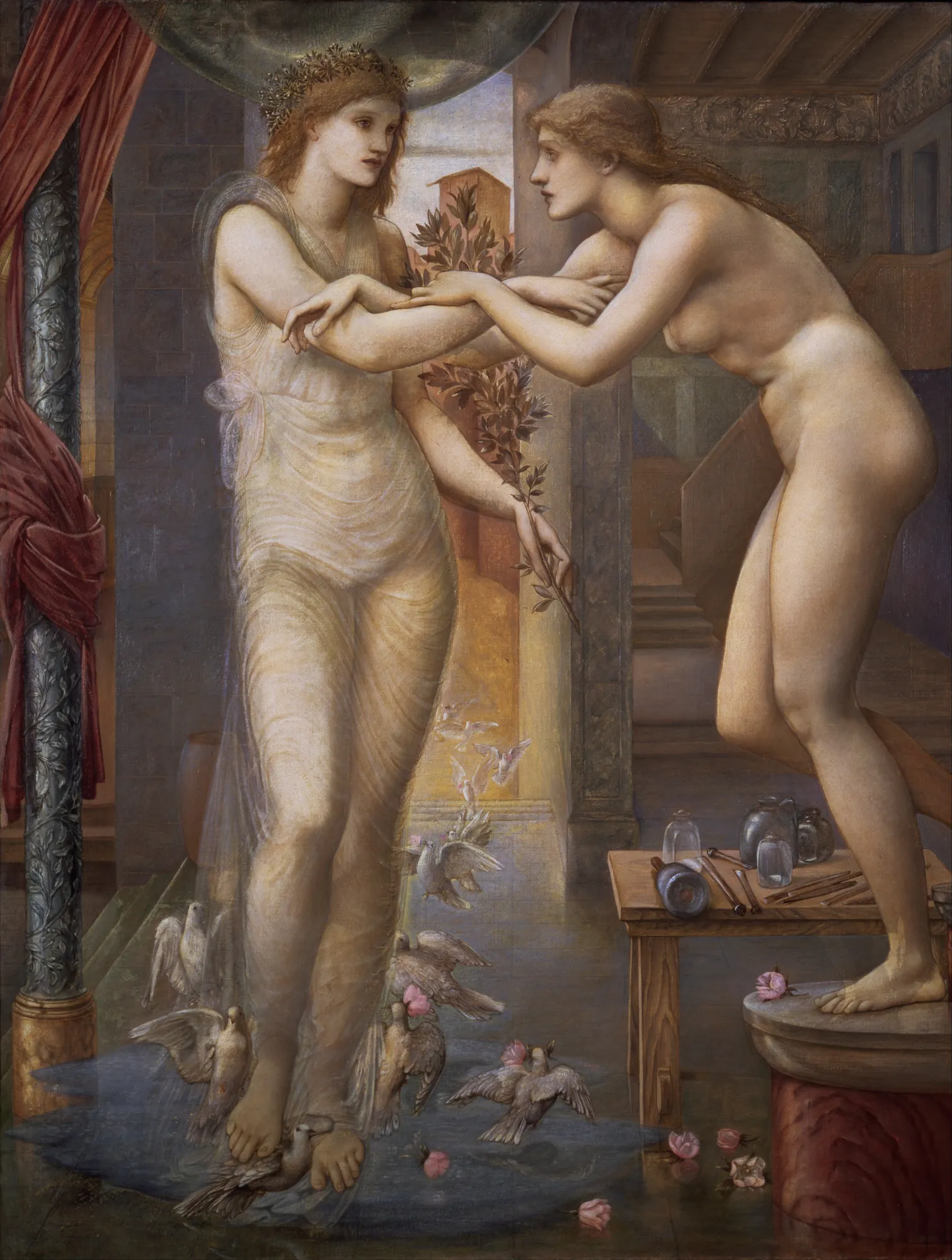 Pygmalion and the Image: The Godhead Fires Pygmalion and the Image: The Godhead Fires by Edward Burne-Jones. A goddess in a translucent gown reaches toward a nude female figure coming to life in a studio setting filled with doves.