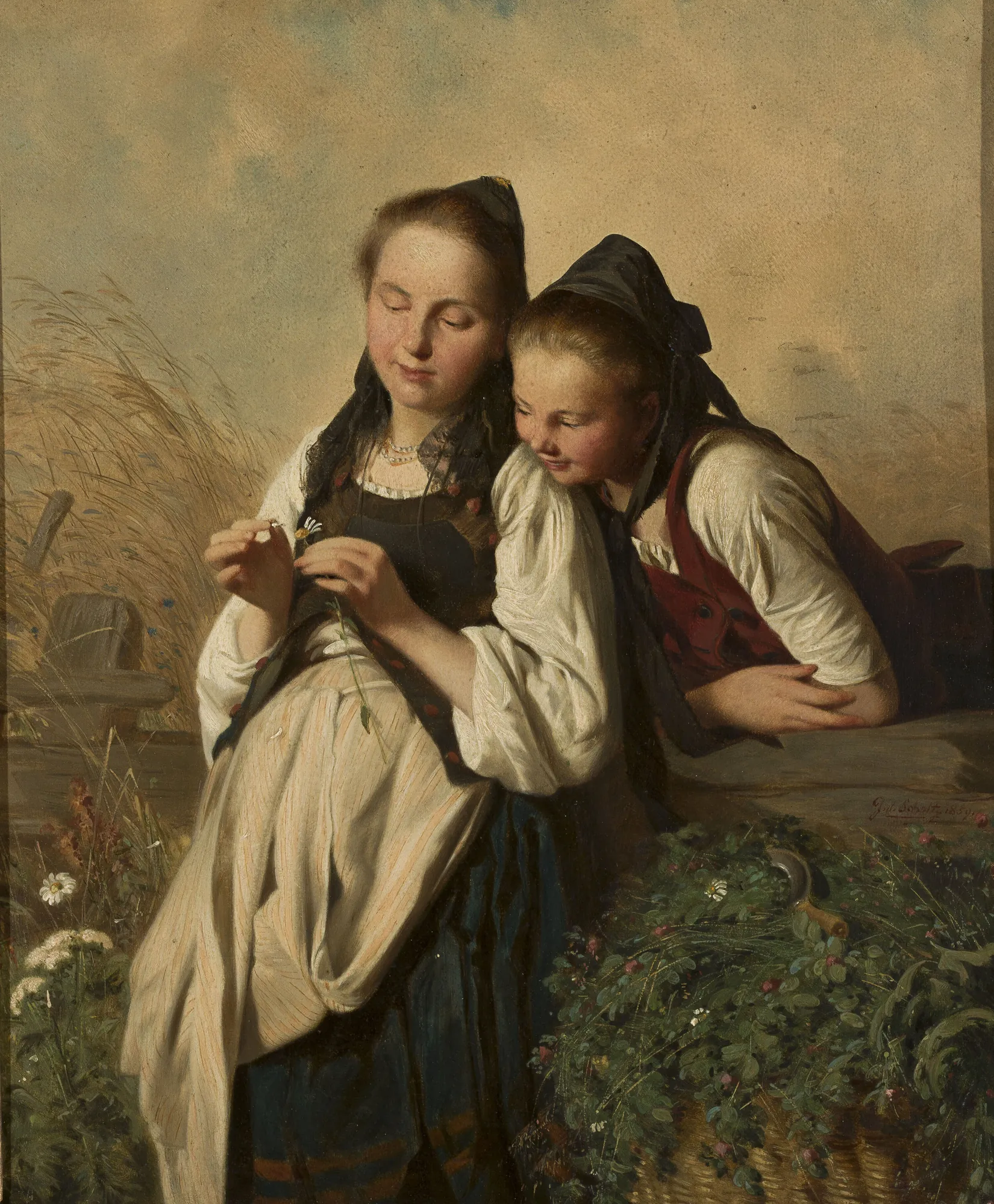 Love Divination Love Divination by Julius Scholtz. Two young women in traditional European folk attire are shown outdoors, focused on plucking petals from a daisy.