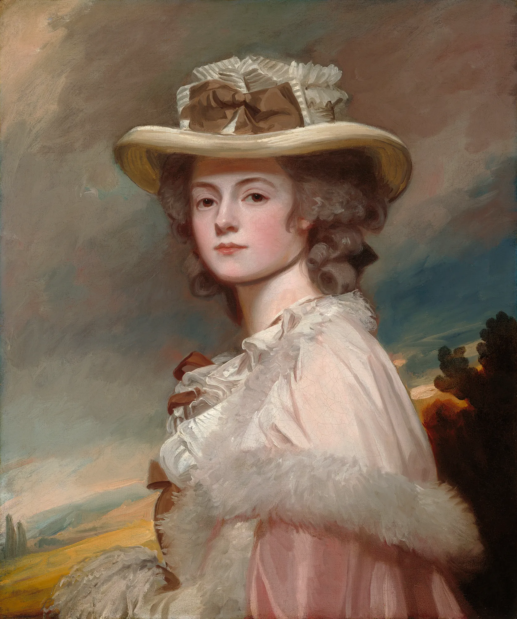 Mrs. Davies Davenport Mrs. Davies Davenport by George Romney. A waist-length portrait of a young woman wearing a wide-brimmed feathered hat and a white ruffed mantle against a moody sky.