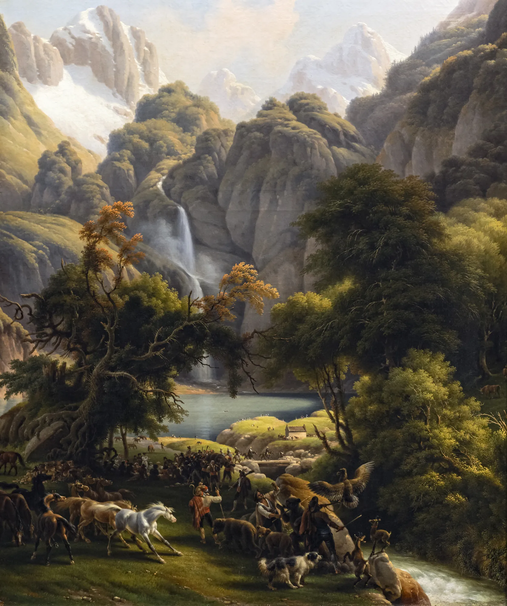 Bear Hunt at Lake d'Oô Bear Hunt at Lake d'Oô by Louis-François, Baron Lejeune. A grand landscape featuring a dramatic bear hunt in the foreground, set against a mountain lake, a tall waterfall, and snow-capped peaks.