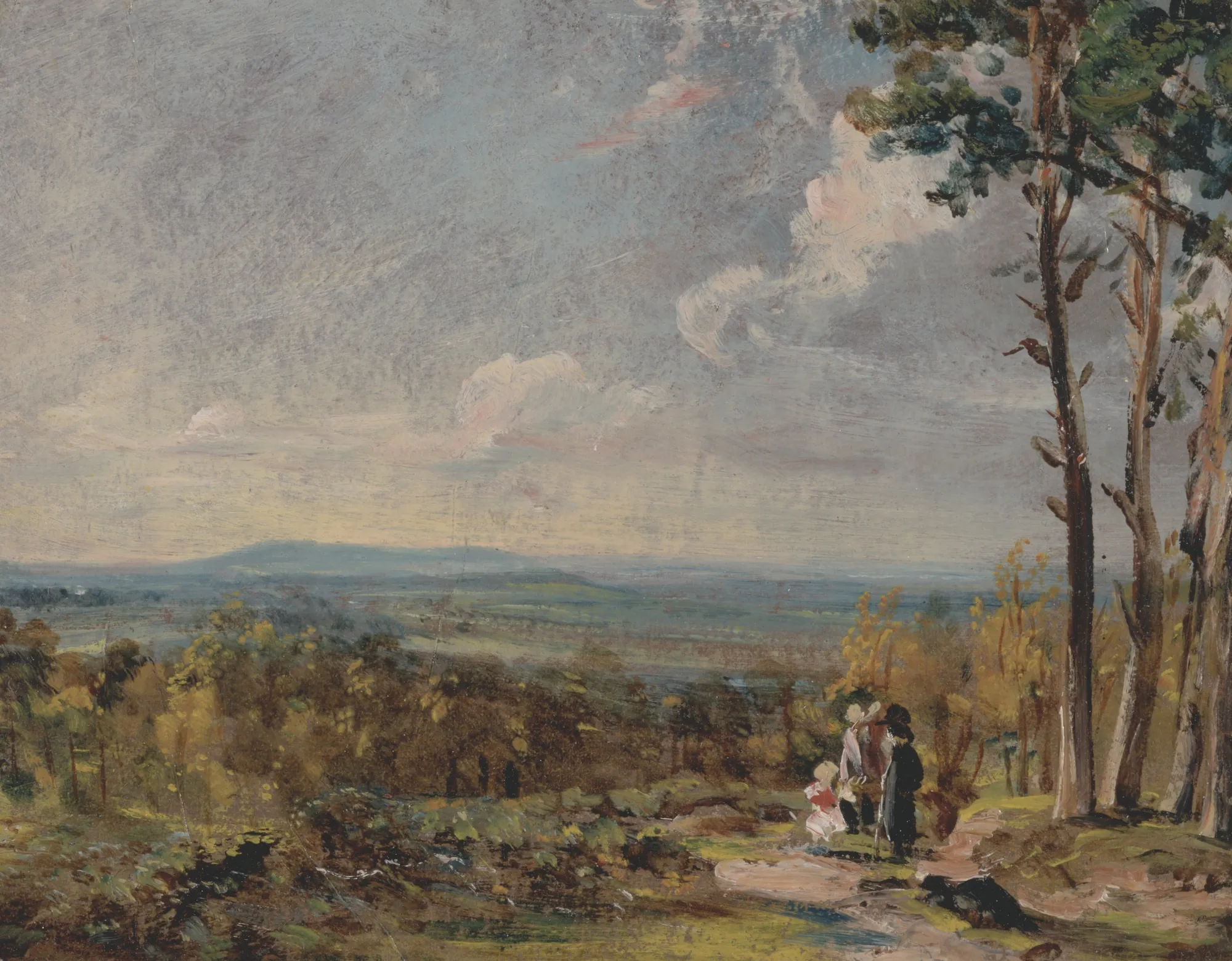 Hampstead Heath Looking Towards Harrow Hampstead Heath Looking Towards Harrow by John Constable. An expansive English landscape painting showing rolling green hills and a distant horizon under a dramatic, cloud-filled sky, with small figures resting on a path in the foreground.