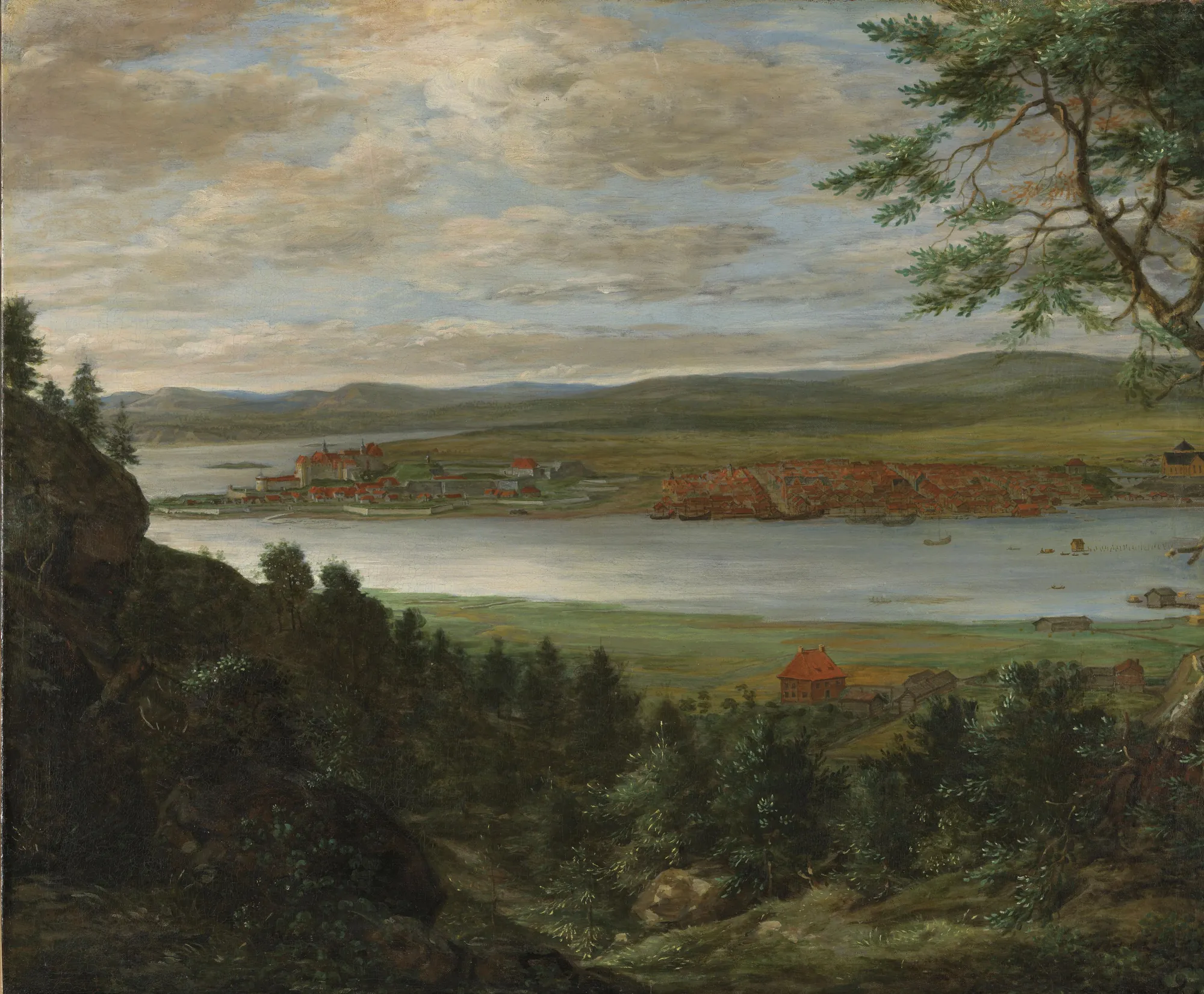 Panoramic View of Christiana (Oslo) Panoramic View of Christiana (Oslo) by Jacob Coning. An elevated, panoramic view of 17th-century Oslo across a harbor, framed by rocky slopes and trees in the foreground.