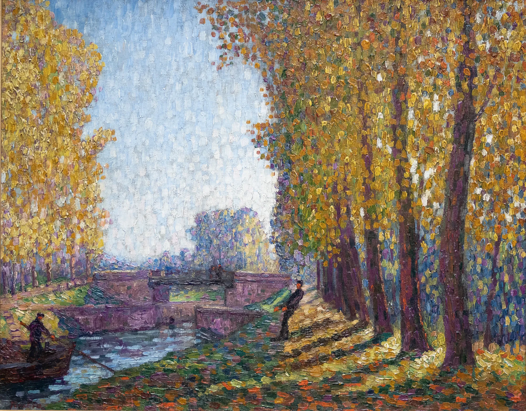 Effet d'automne, soleil du matin Effet d'automne, soleil du matin by Francis Picabia. An Impressionist landscape depicting a canal lined with golden autumn trees under a bright morning sky.