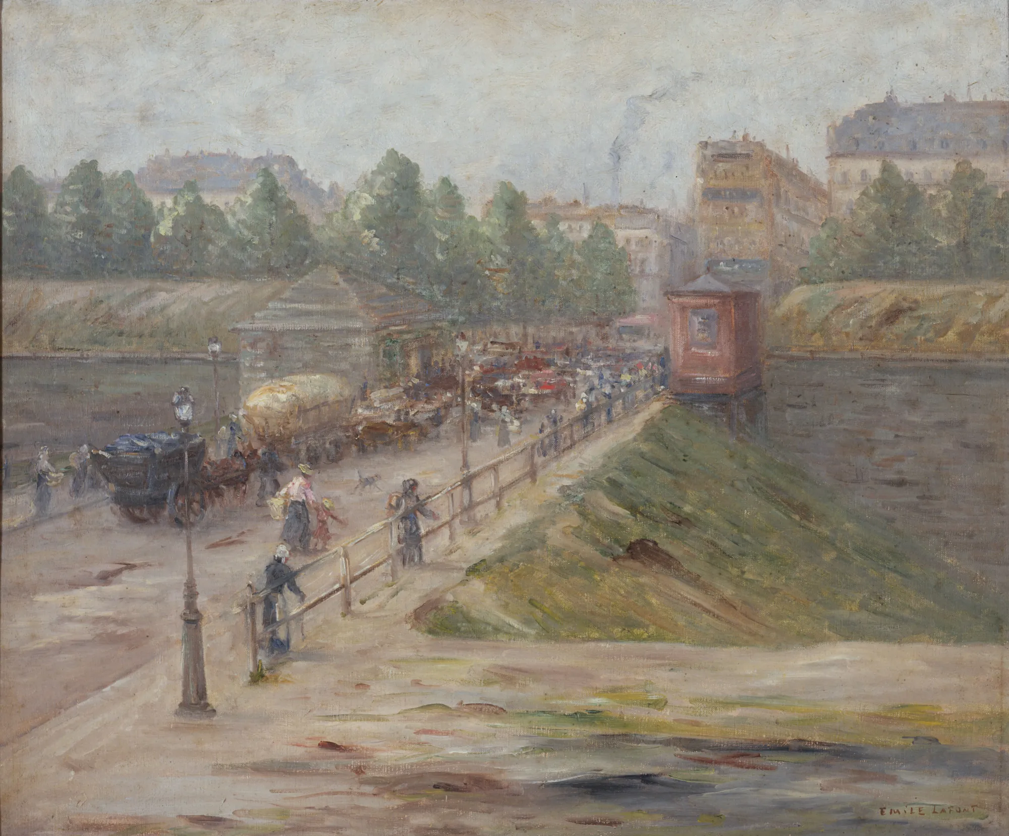 La Porte d'Asnières La Porte d'Asnières by Unknown Artist. An impressionistic oil painting depicting a busy Parisian street scene at a city gate with horse-drawn carriages and figures.