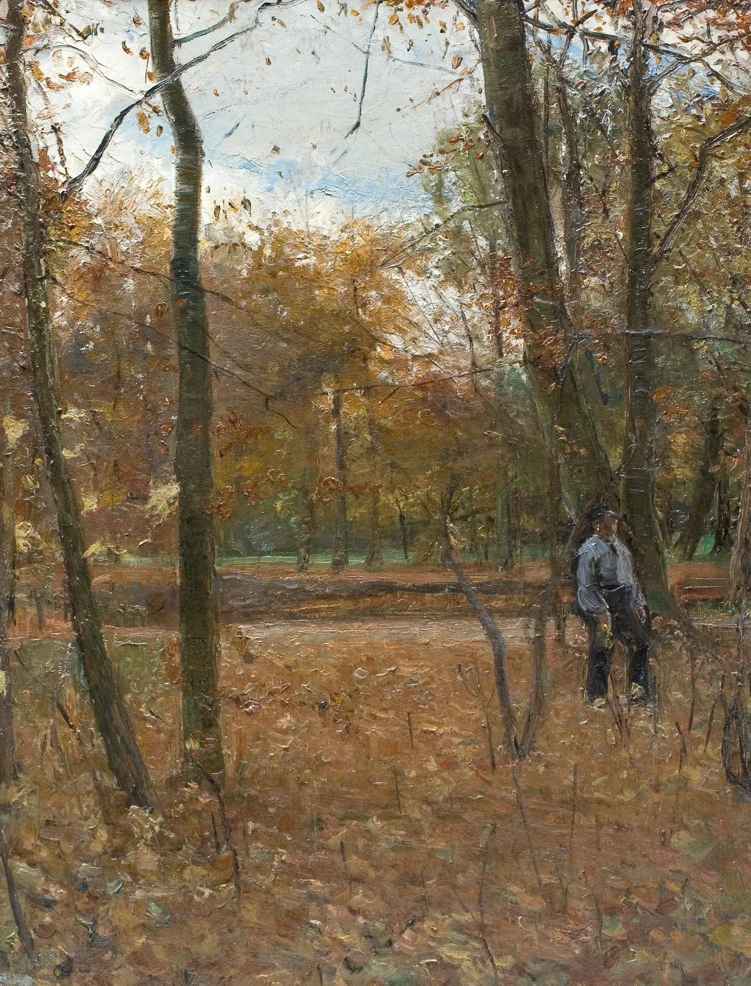 Efterår i Søndermarken Efterår i Søndermarken by Albert Gottschalk. An impressionistic oil painting of an autumn forest floor covered in golden leaves, with slender trees and a man leaning against a trunk.