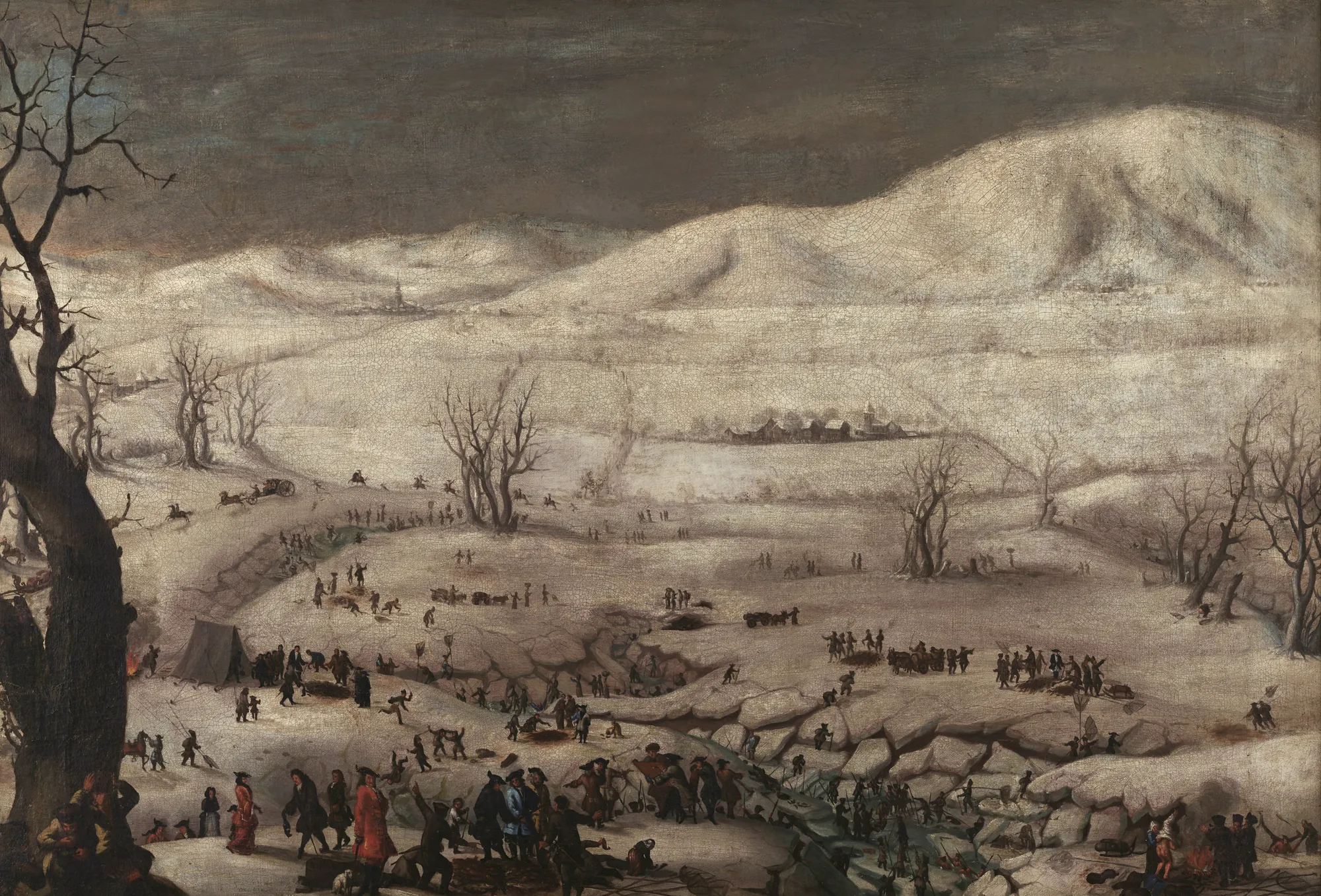 Fishing on Lake Cerknica Fishing on Lake Cerknica by Franz Anton von Steinberg. A large crowd of figures is depicted harvesting fish across a frozen, wide landscape set against snowy hills and a dark, moody sky.