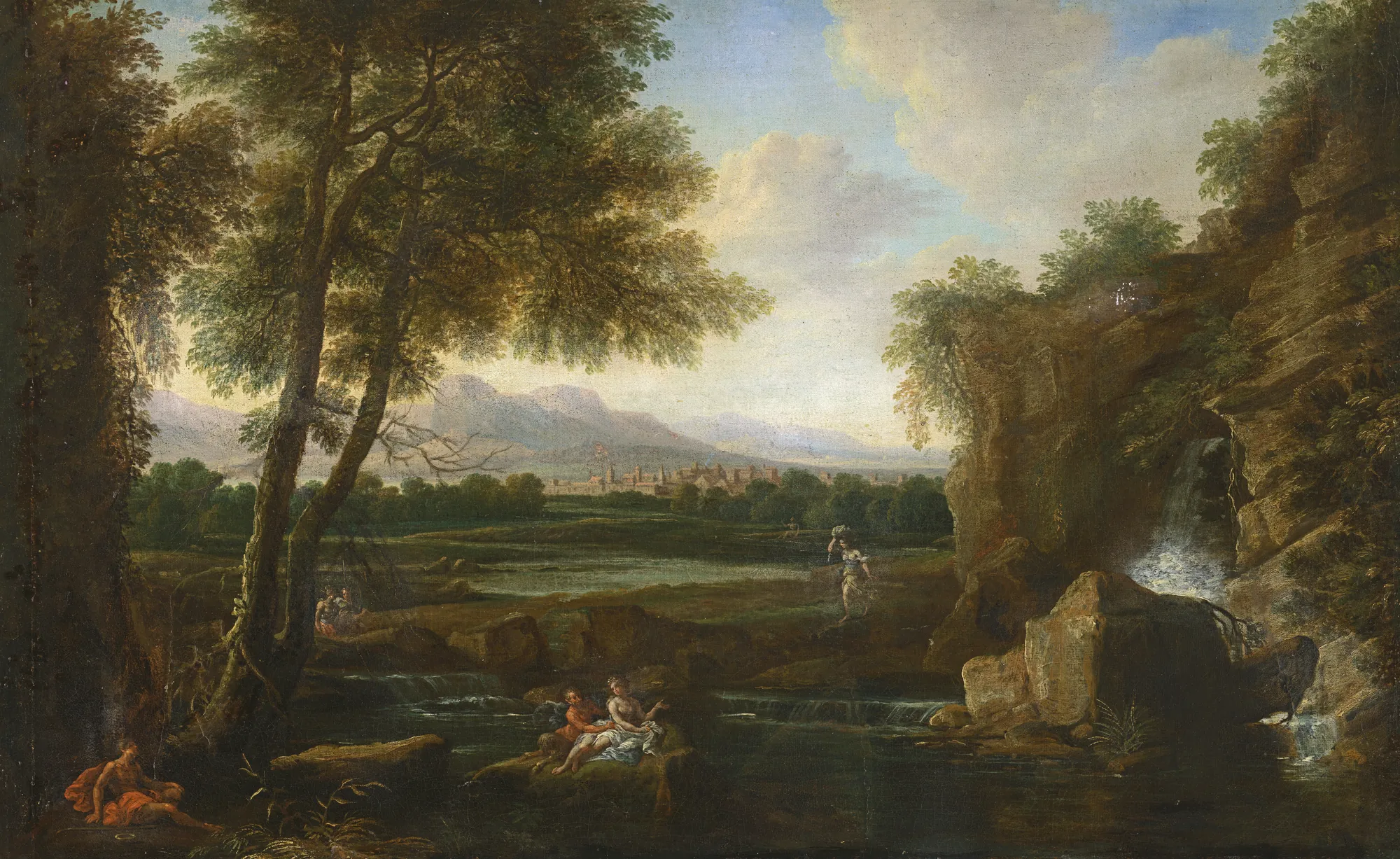 Classical Landscape with Small Waterfall and Village