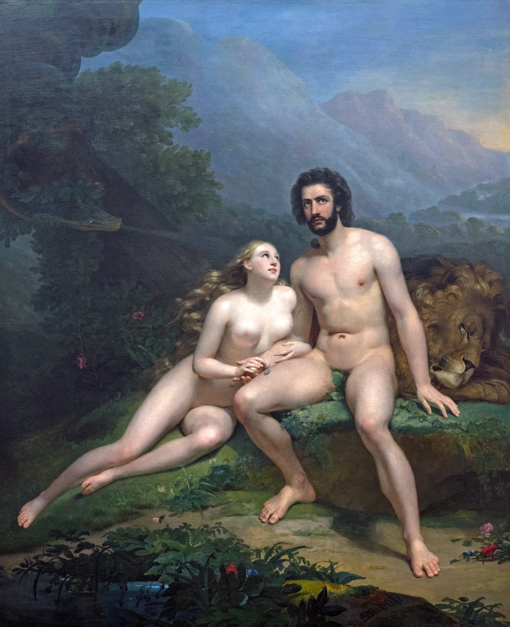 Adam and Eve Adam and Eve by Claude-Marie Dubufe. A neoclassical painting of Adam and Eve seated in a verdant landscape with a lion and a serpent.
