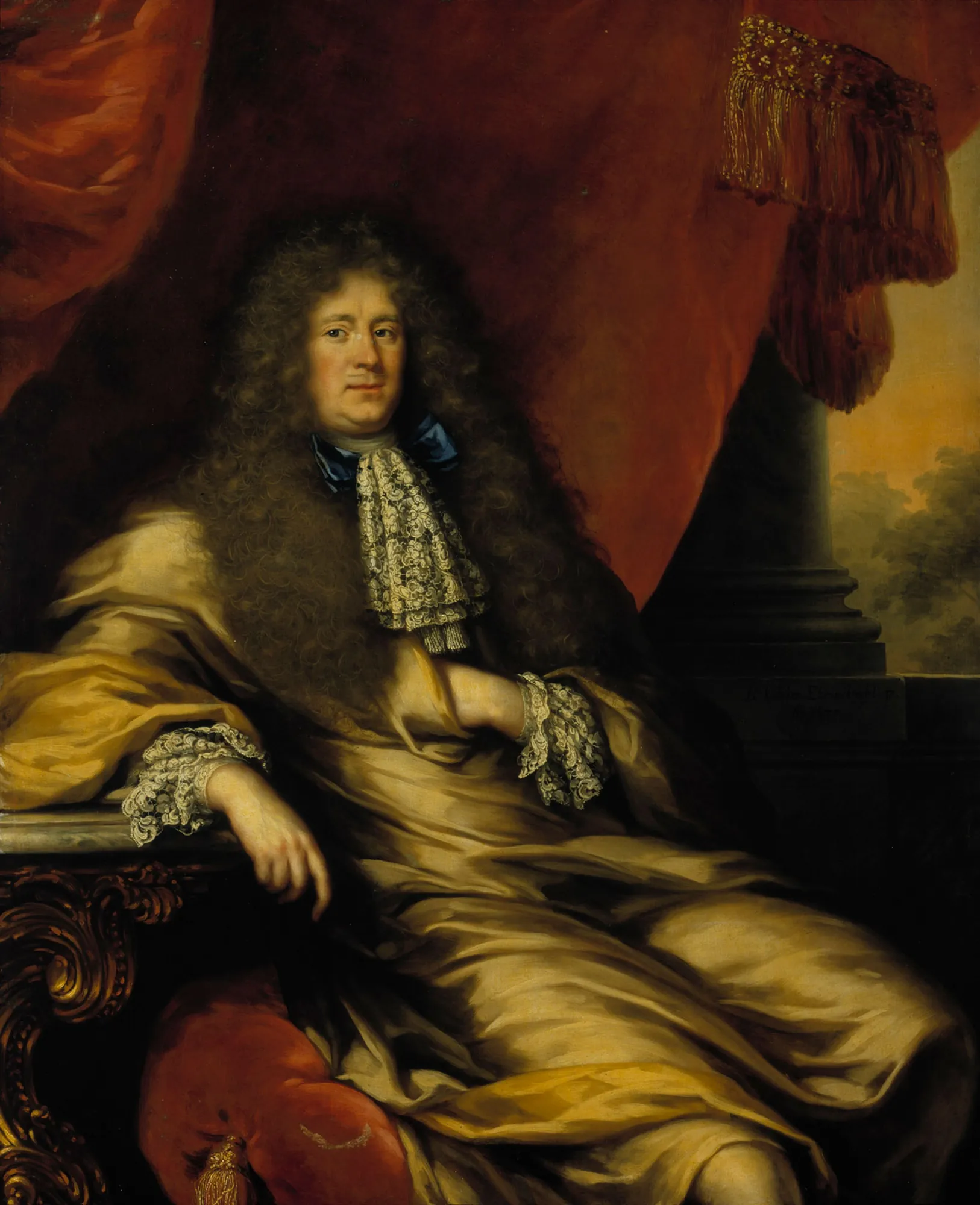 Count Johan Gabriel Stenbock Count Johan Gabriel Stenbock by David Klöcker Ehrenstrahl. A formal seated portrait of a nobleman wearing an elaborate wig and gold robes, framed by heavy red curtains and a classical column.