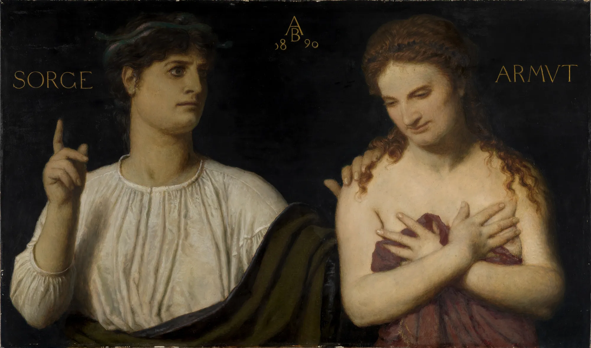 Armut und Sorge (Poverty and Care) Armut und Sorge (Poverty and Care) by Arnold Böcklin. Two allegorical figures, labeled 'Sorge' and 'Armut', are depicted in classical attire against a stark dark background in a Symbolist style.