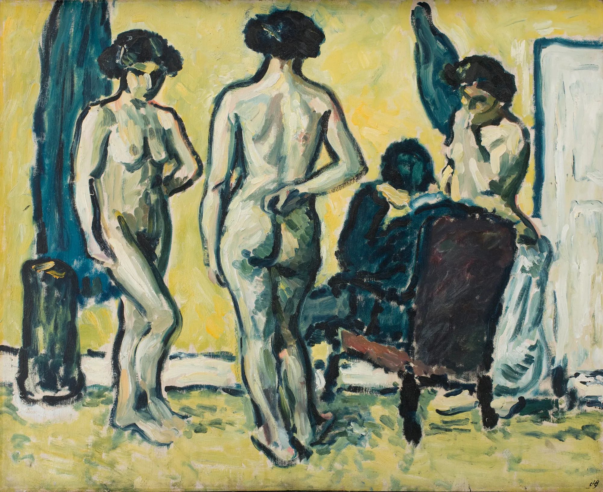 The Judgment of Paris The Judgment of Paris by Harald Giersing. A modernist expressionist painting of three standing nude women facing a seated man in an interior with bright yellow walls.