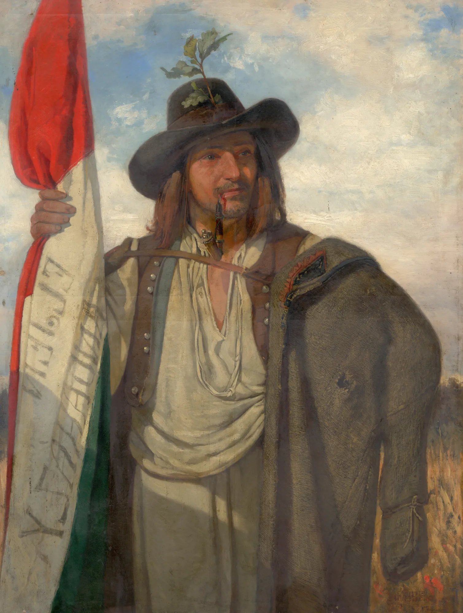 Before the Elections Before the Elections by Eduard Gehbe. An oil portrait of a man in traditional 19th-century attire holding a red, white, and green tricolor flag and smoking a pipe.