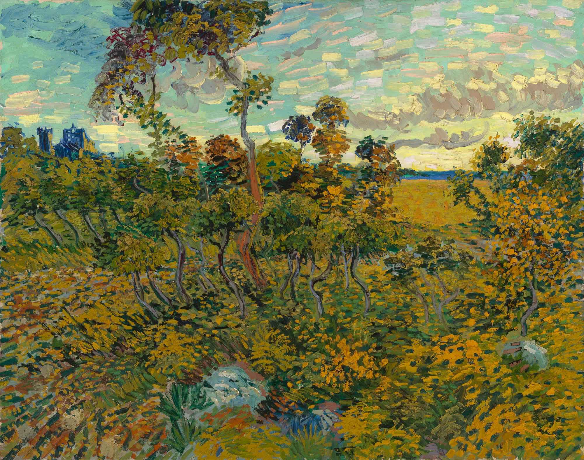 Sunset at Montmajour Sunset at Montmajour by Vincent van Gogh. A sun-drenched Provencal landscape at dusk featuring gnarled trees and a distant abbey silhouette rendered in expressive, thick brushstrokes.