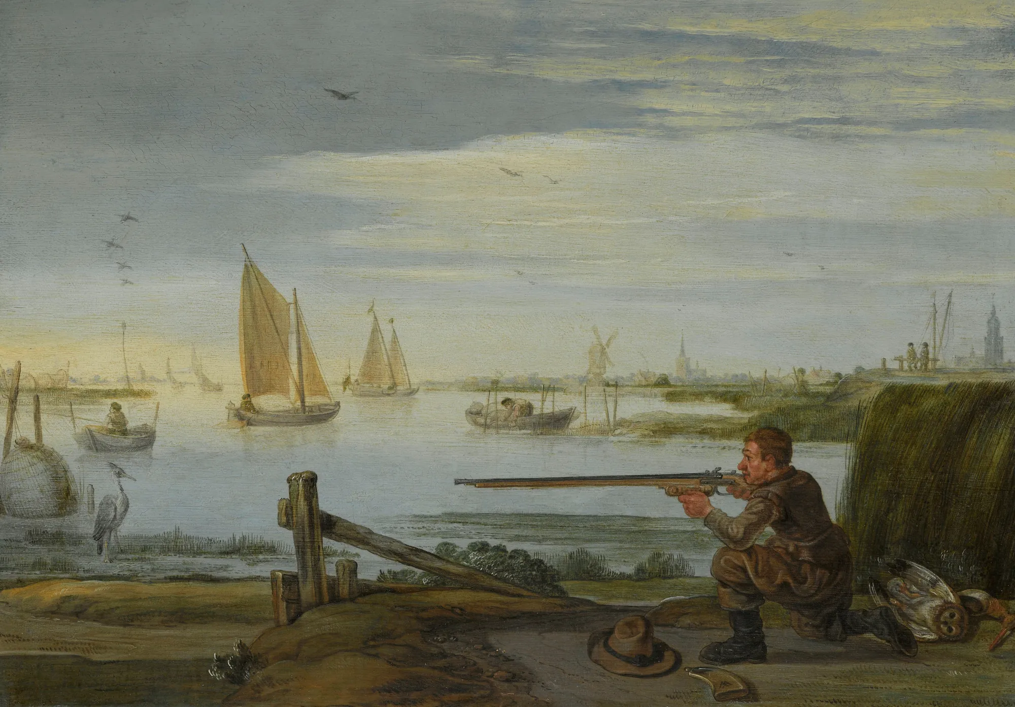A Bird Hunter on a Riverbank