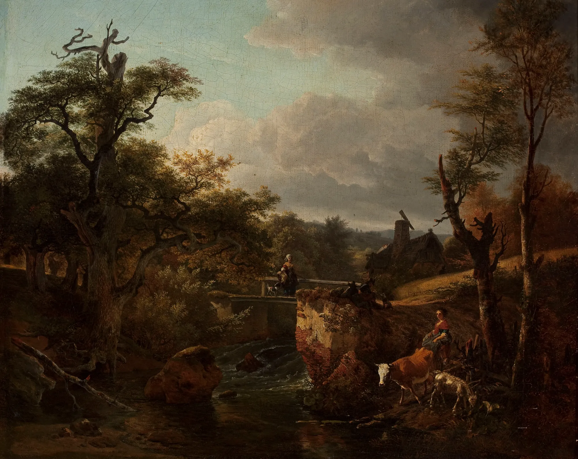 Landscape with a Waterfall Landscape with a Waterfall by Jean-Louis de Marne. A pastoral landscape featuring figures and livestock near a small waterfall and bridge under a dramatic cloudy sky.