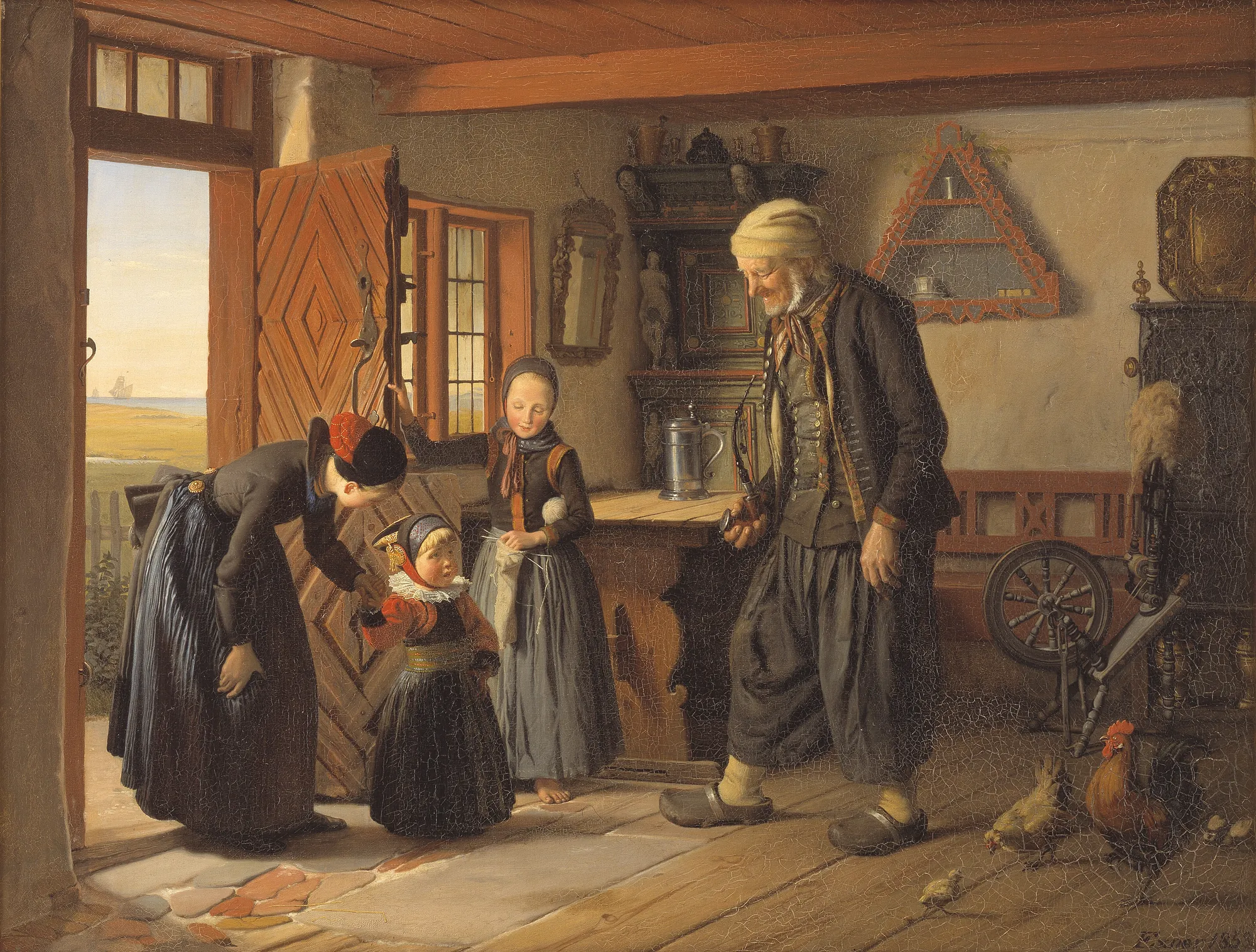 Visiting Grandfather Visiting Grandfather by Julius Exner. A warm interior scene shows a woman and two children visiting an elderly man in a rustic room with chickens on the floor.